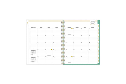 January 2025 monthly overview with to do lists, notes section, square boxes with lined writing space for dates, and whitecolored monthly tabs