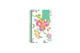 This January 2025 to December 2025 weekly monthly 5x8 planner featuring yellow and pink floral front cover pattern and gold twin wire-o binding