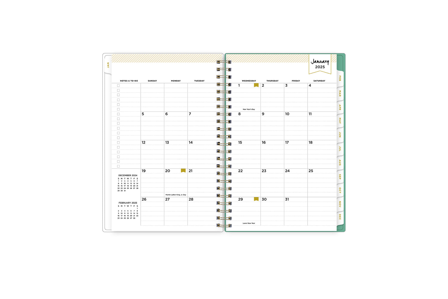 January 2025 monthly overview with to do lists, notes section, square boxes with lined writing space for dates, and whitecolored monthly tabs