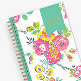 This January 2025 to December 2025 weekly monthly 5x8 planner featuring yellow and pink floral front cover pattern and gold twin wire-o binding