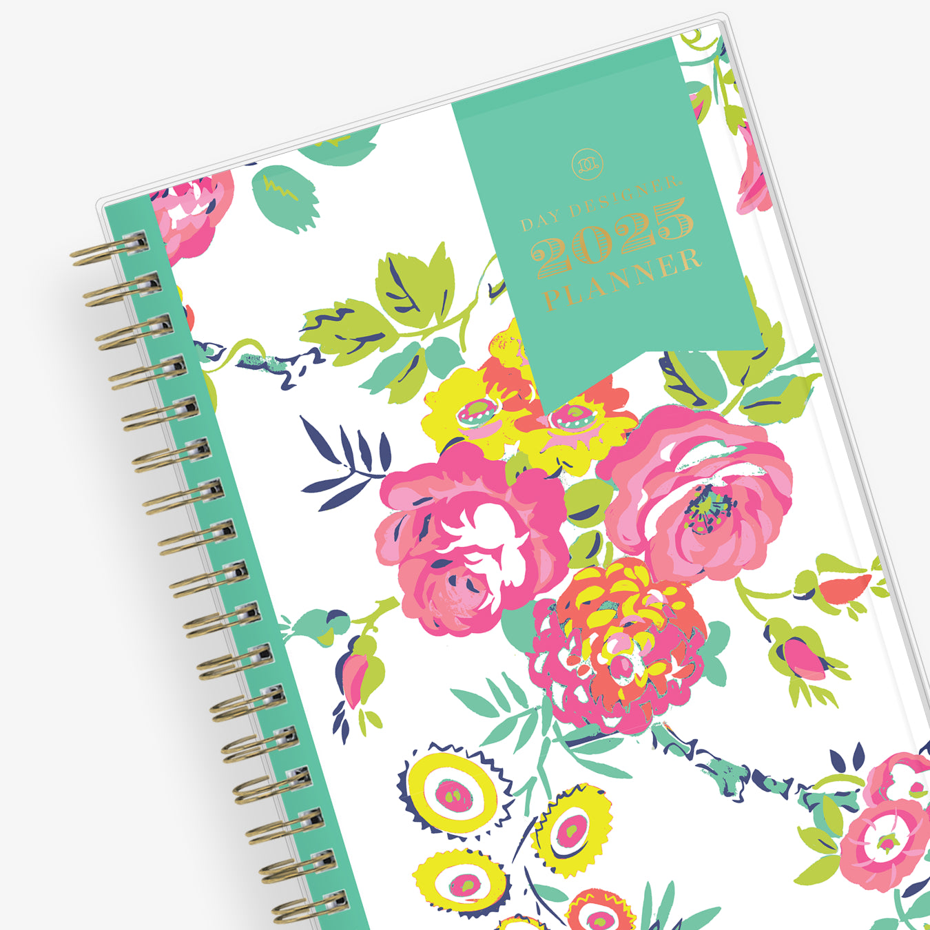 This January 2025 to December 2025 weekly monthly 5x8 planner featuring yellow and pink floral front cover pattern and gold twin wire-o binding