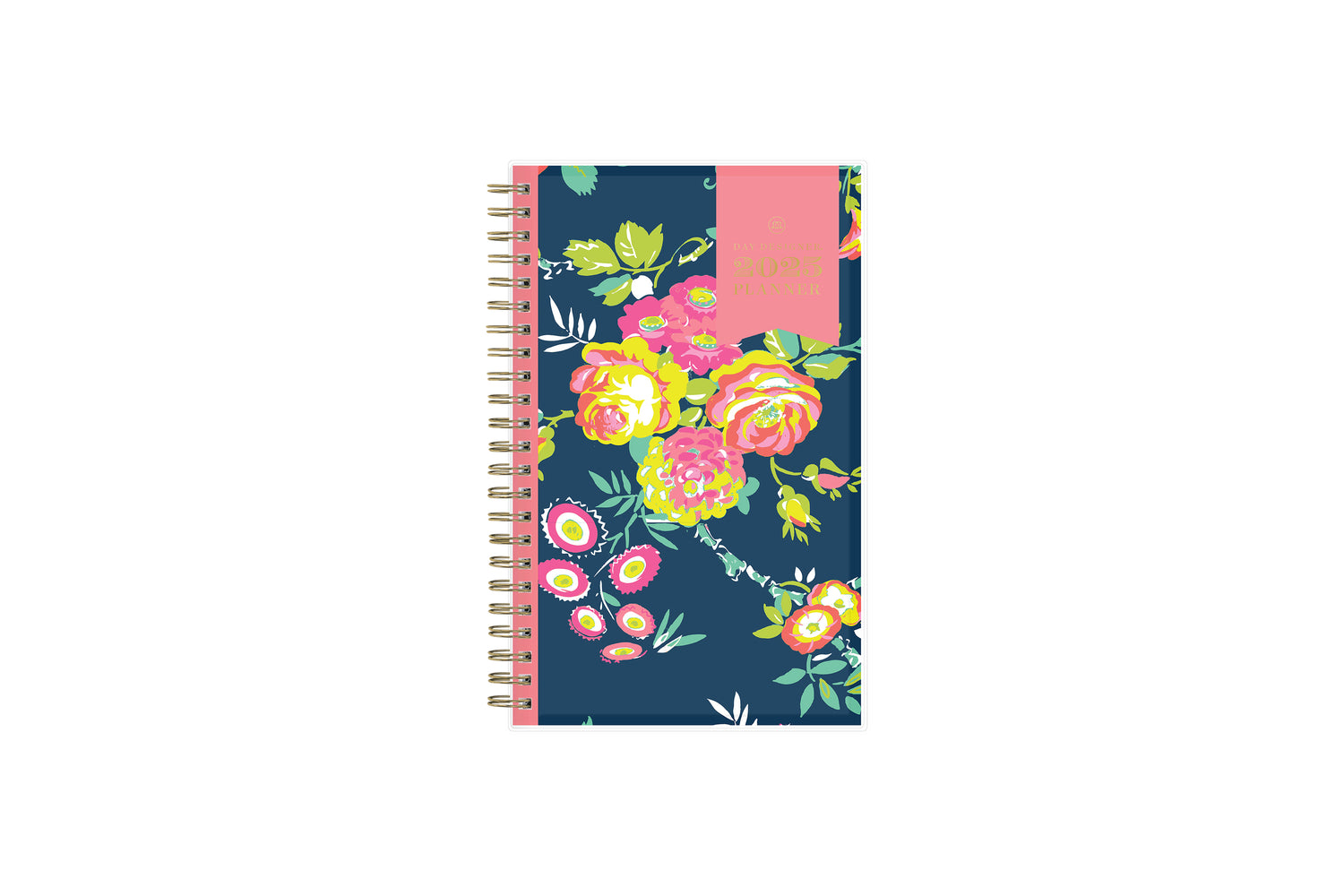 January 2025 - December 2025 weekly monthly planner in 5x8 size from day designer for blue sky with navy background and floral design, and gold twin wire-o binding