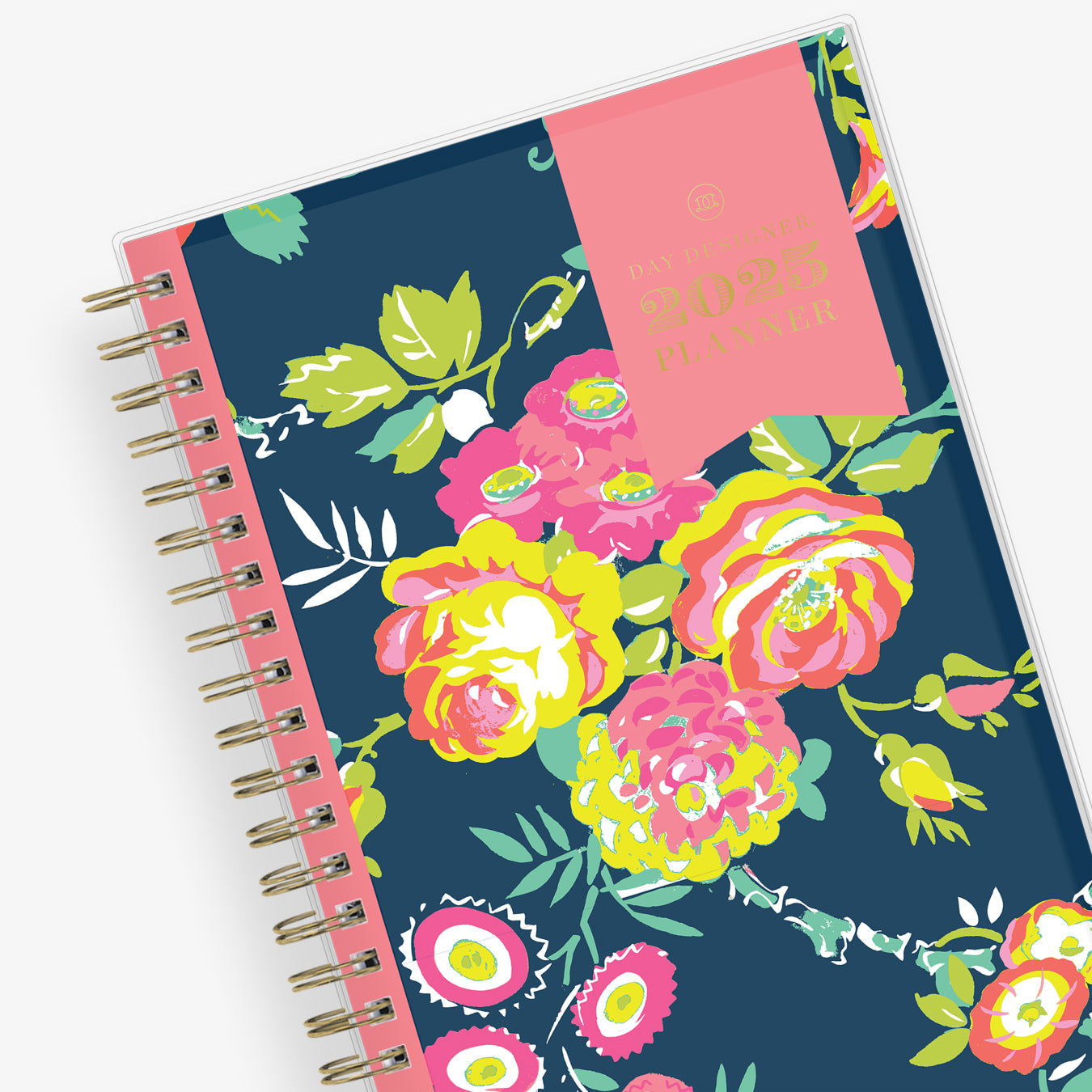 January 2025 - December 2025 weekly monthly planner in 5x8 size from day designer for blue sky with navy background and floral design, and gold twin wire-o binding