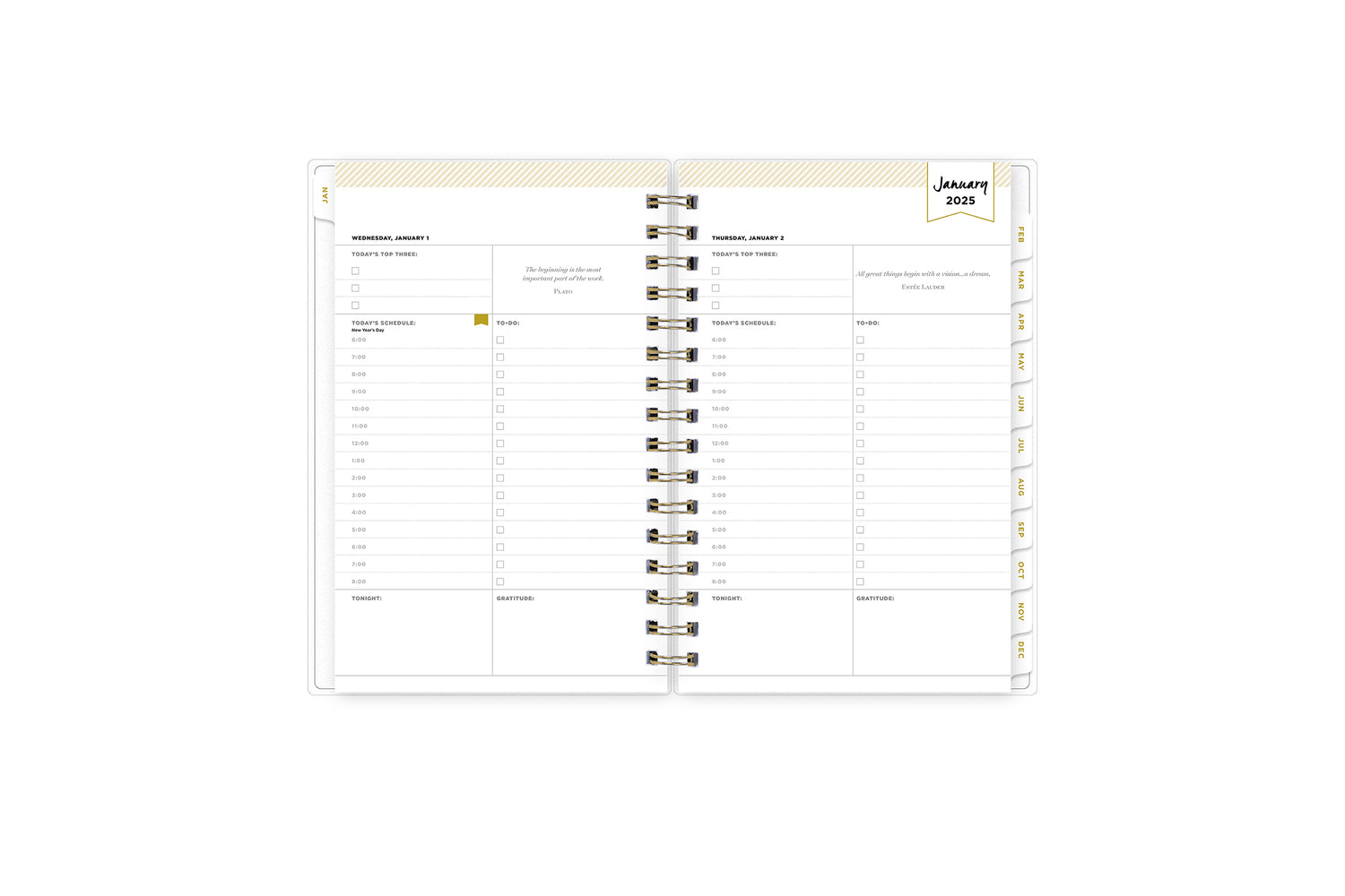 January 2025 - December 2025 daily monthly planner featuring a monthly spread with lined writing space, notes and to-do list, white monthly tabs with gold printed text, and monthly reference calendars all in a 5x8 planner size