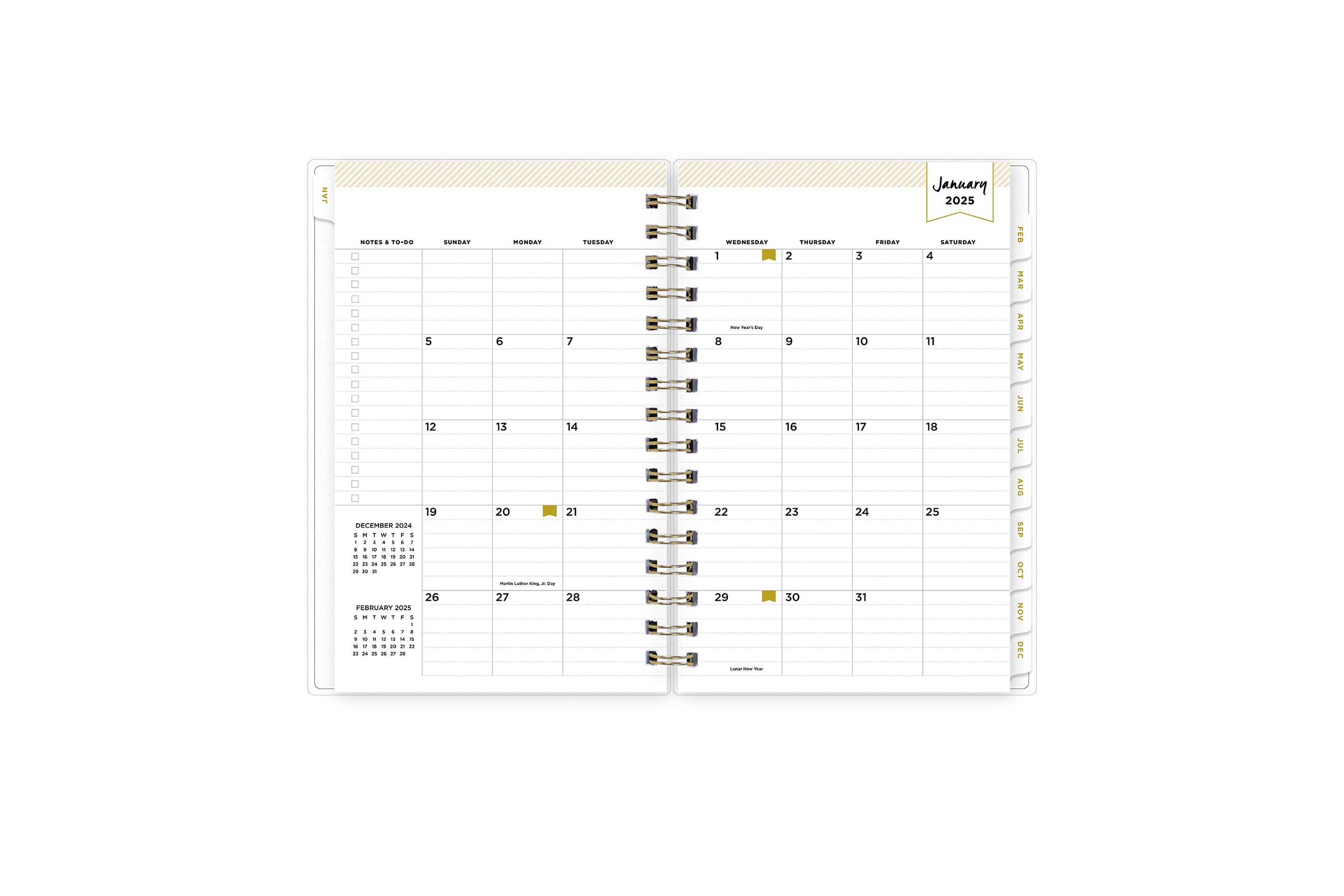 January 2025 - December 2025 daily monthly planner featuring a daily spread with lined writing space, notes and to-do list, one hour increments, and ample planning sections in a compact 5x8 size