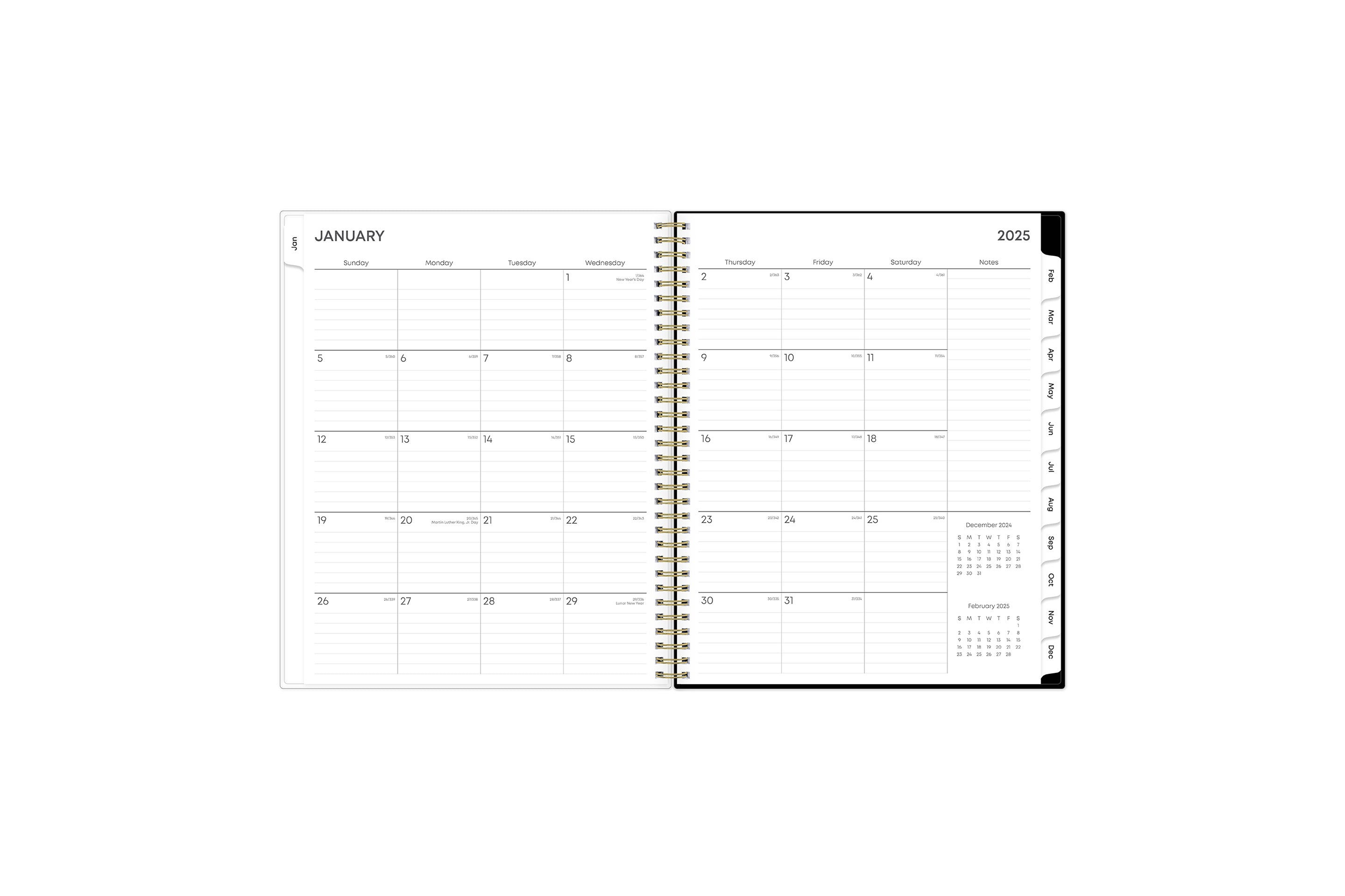 2025 weekly monthly planner featuring a monthly view with lined writing space for each date, reference calendars, and light blue monthly tabs