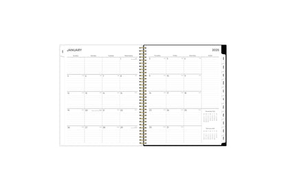 2025 weekly monthly planner featuring a monthly view with lined writing space for each date, reference calendars, and light blue monthly tabs