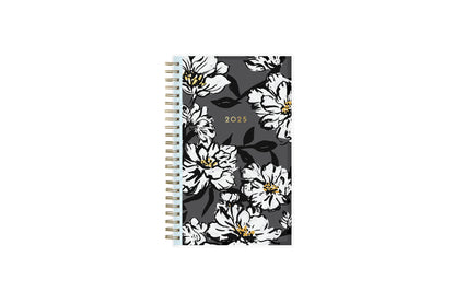 5x8 weekly monthly planner for January 2025 - December 2025 new year featuring silver twin wire-o binding, black/gray background, white florals and gold accents