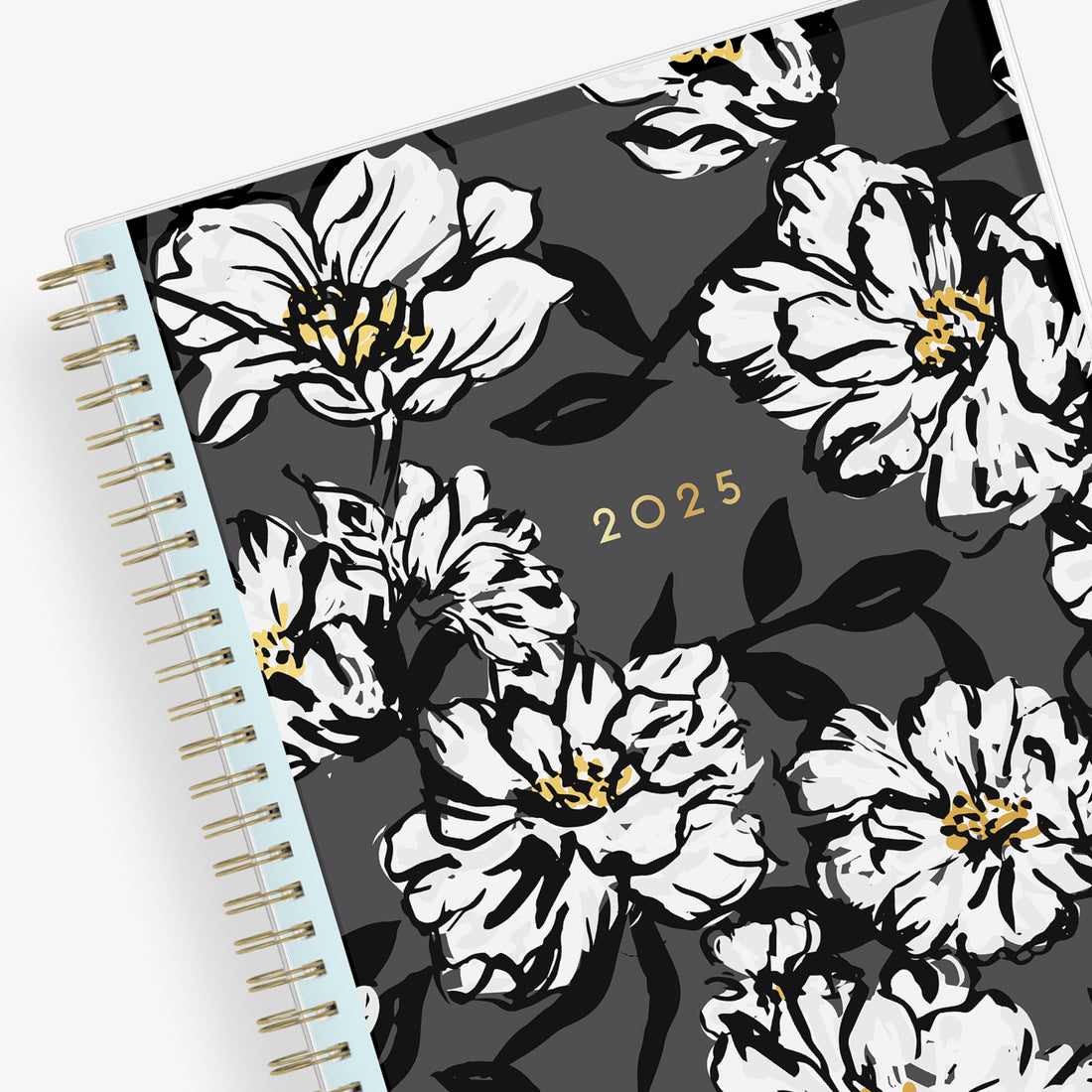 Plan way with this January 2025 - December 2025 monthly planner featuring a floral pattern front cover and gold silver wire-o binding