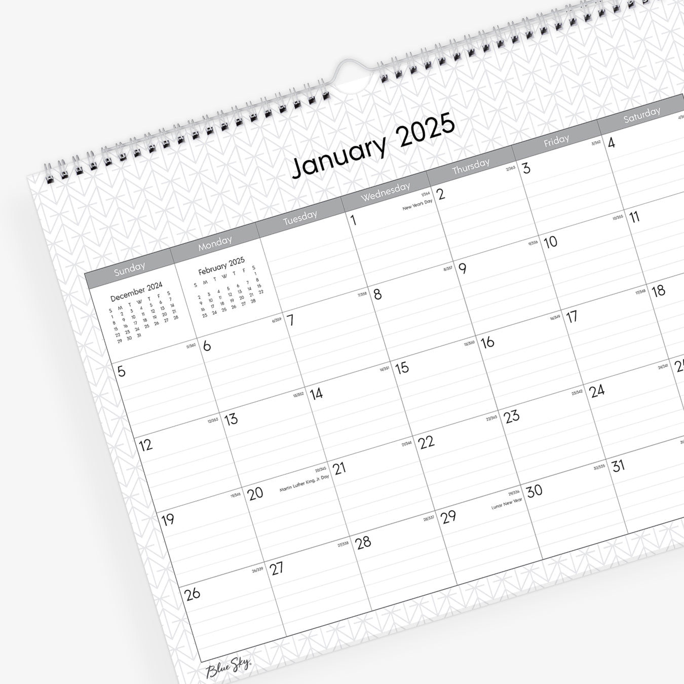 Experience this January 2025 - December 2025 clean geometric monthly wall calendar featuring reference months and ample lined writing space for each day