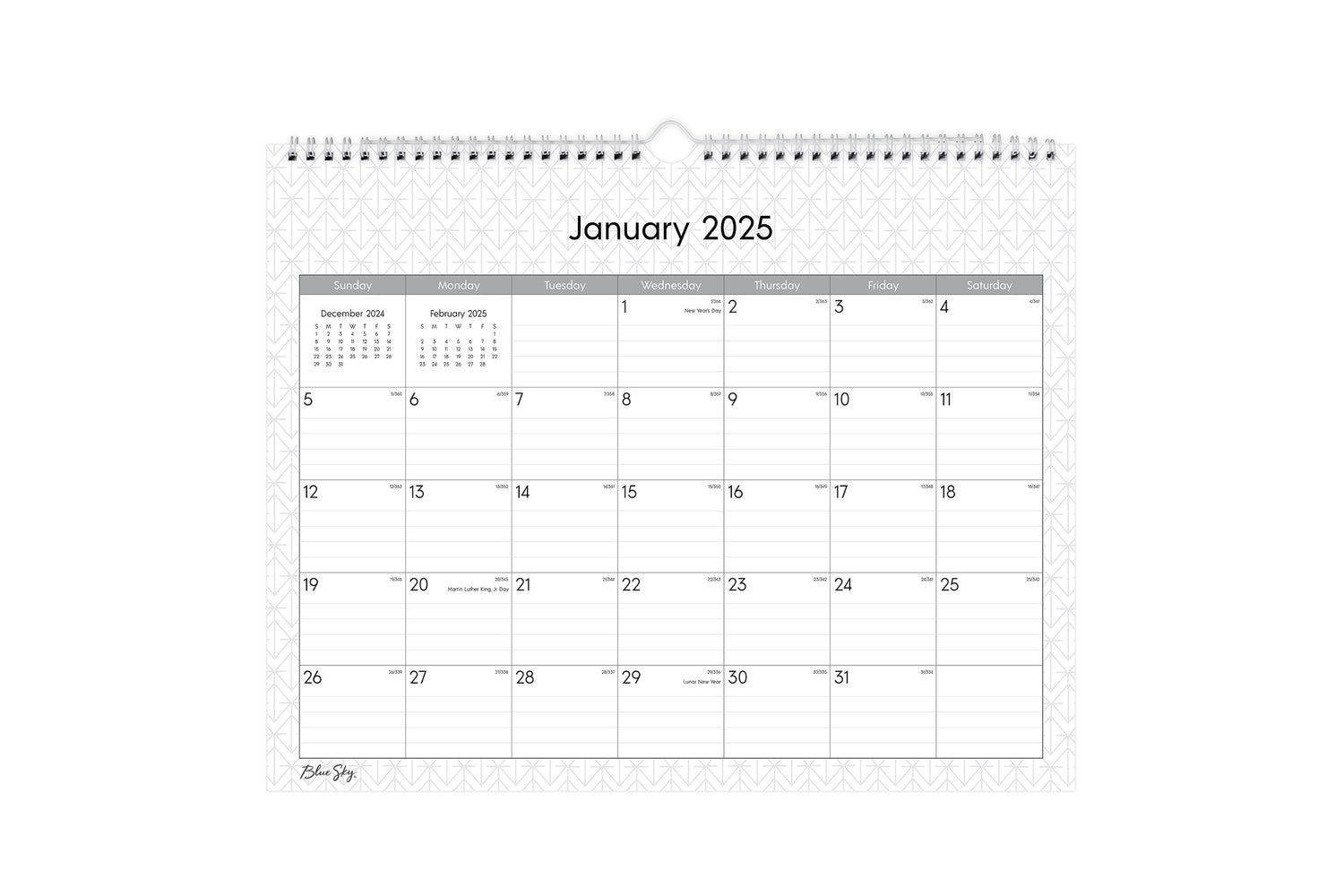 Experience this January 2025 - December 2025 clean geometric monthly wall calendar featuring reference months and ample lined writing space for each day