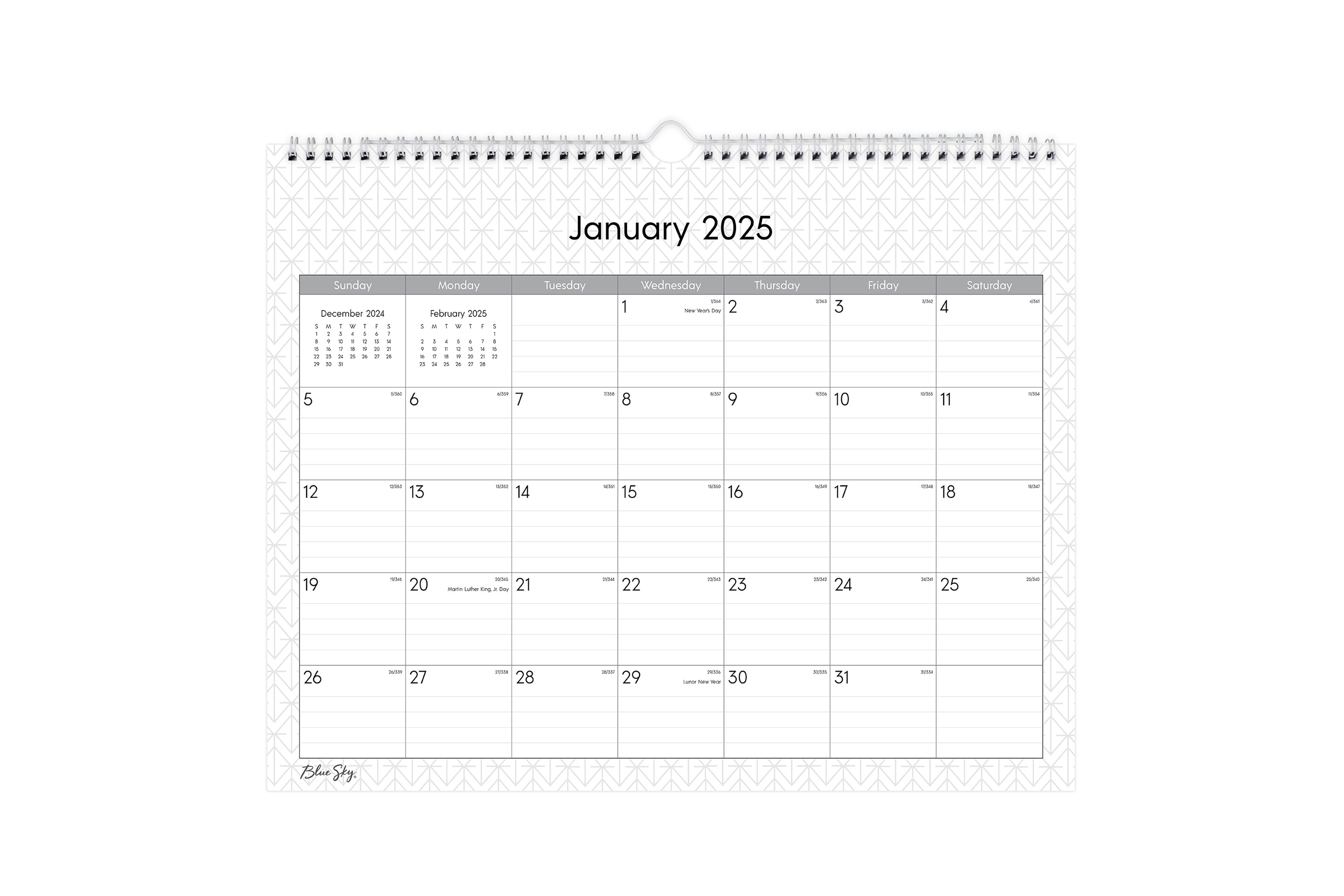 Experience this January 2025 - December 2025 clean geometric monthly wall calendar featuring reference months and ample lined writing space for each day