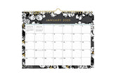 11x8.75 wall calendar for 2025 in baccara dark design featuring gold accents for months and days, black/grey background and white florals