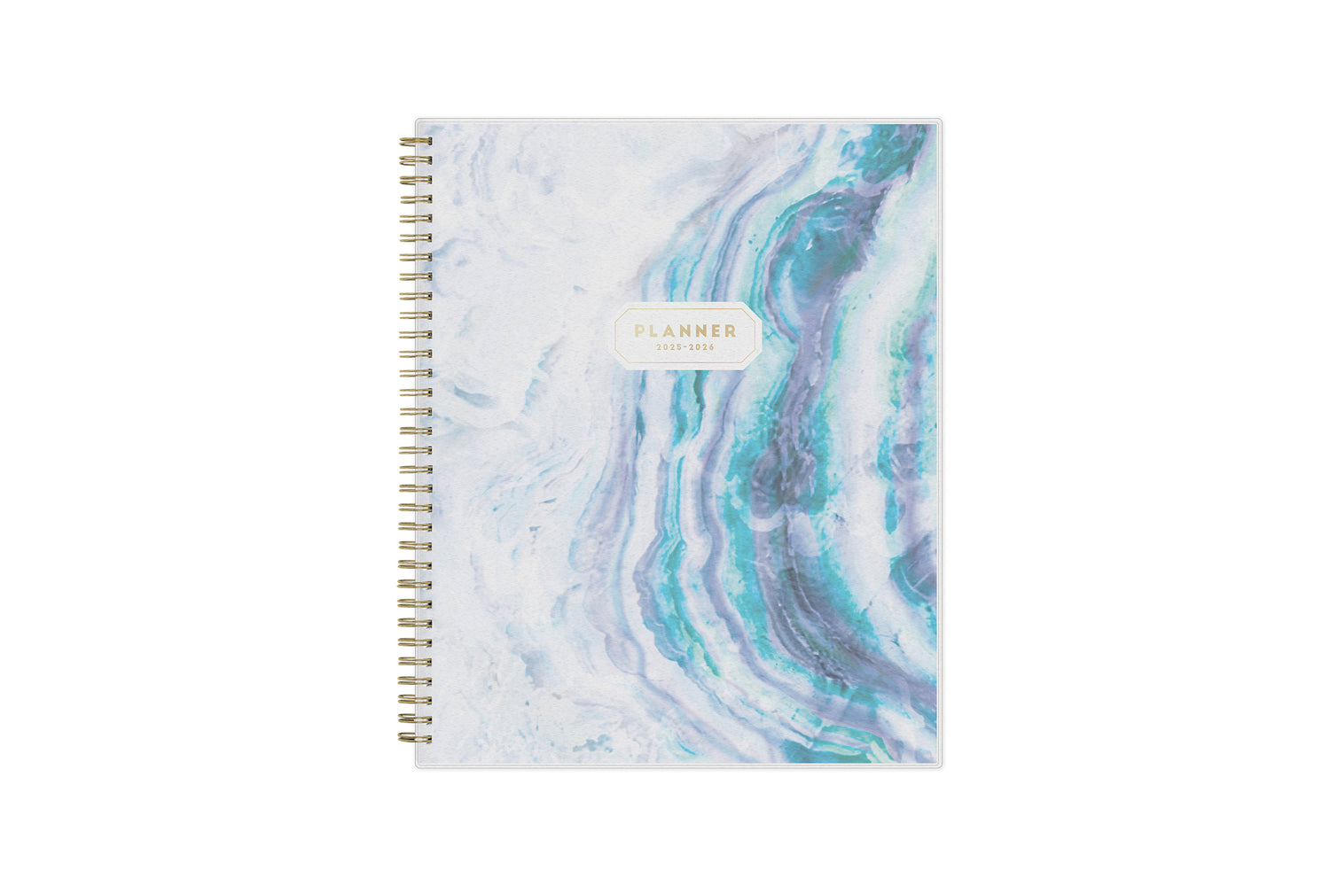 weekly monthly academic planner featuring a geo crystal front cover with gold twin wire-o binding in 8.5 x 11 planner size for 2025-2026 academic year