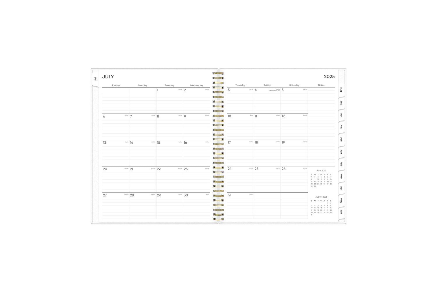 weekly monthly planner features a weekly spread with clean, lined writing space with room for notes, to-do lists, goals, projects, and blue monthly tabs in 8.5x11 page size