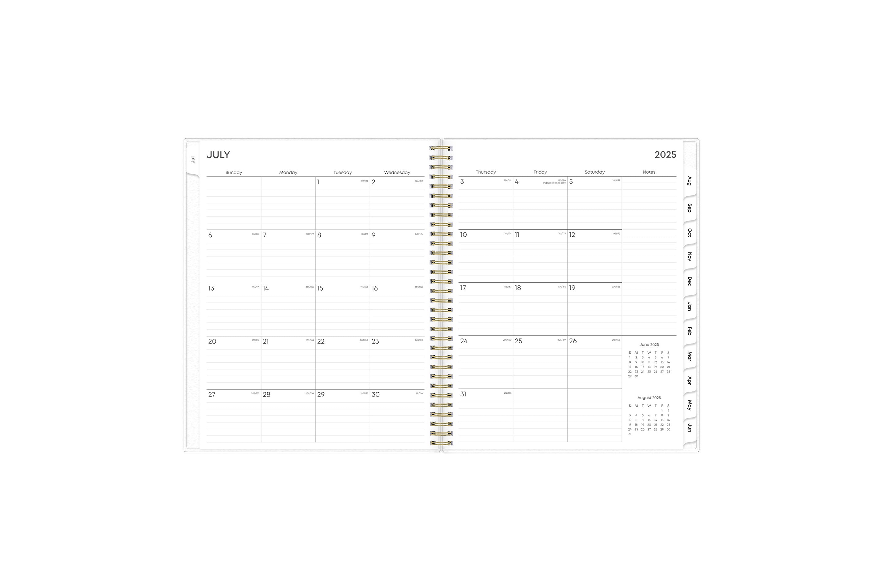 weekly monthly planner features a weekly spread with clean, lined writing space with room for notes, to-do lists, goals, projects, and blue monthly tabs in 8.5x11 page size