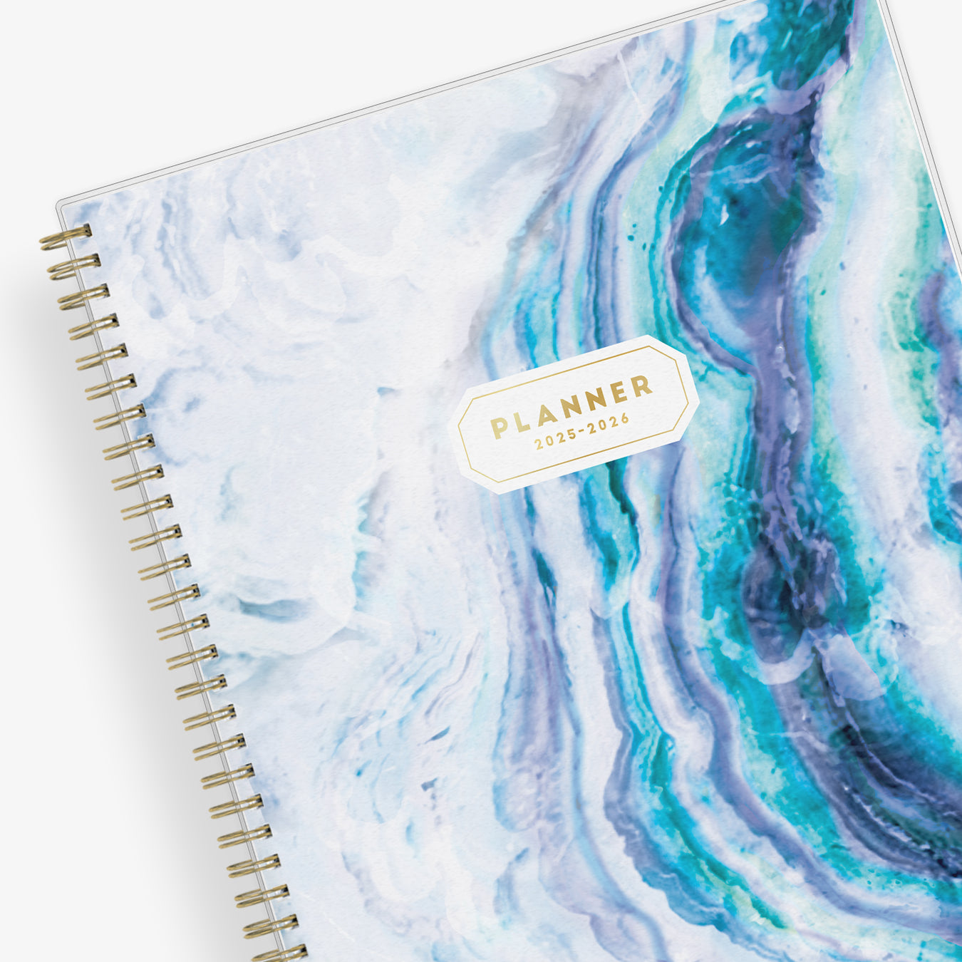 weekly monthly academic planner featuring a geo crystal front cover with gold twin wire-o binding in 8.5 x 11 planner size for 2025-2026 academic year