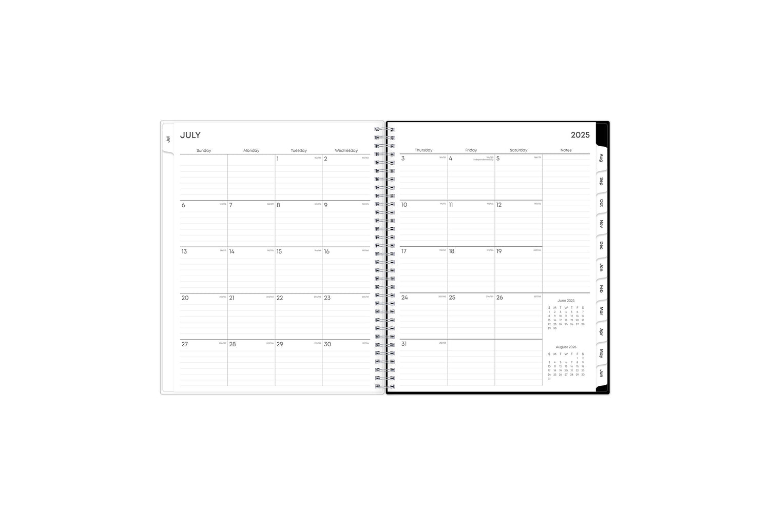 weekly and monthly academic planner featuring a monthly spread with lined writing space, a notes section, reference calendars, and pink monthly tabs in 8.5x11 size