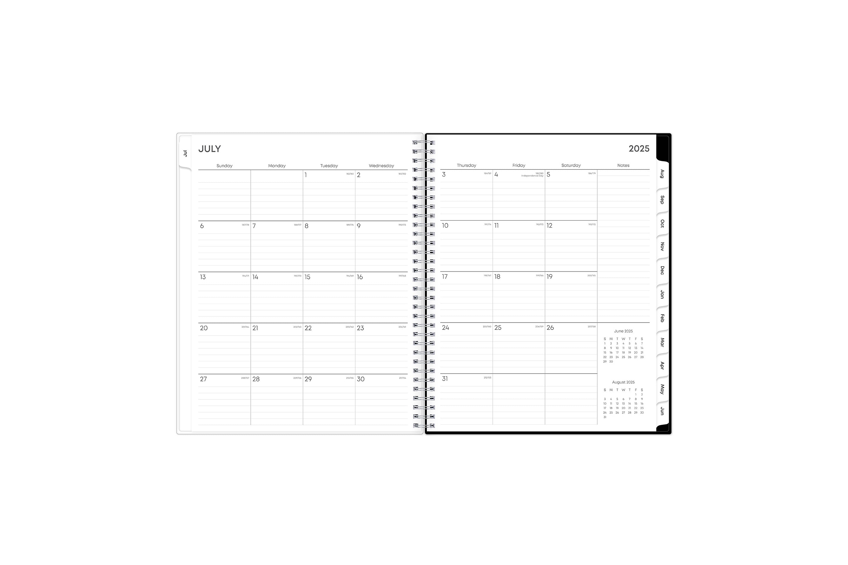 weekly and monthly academic planner featuring a monthly spread with lined writing space, a notes section, reference calendars, and pink monthly tabs in 8.5x11 size