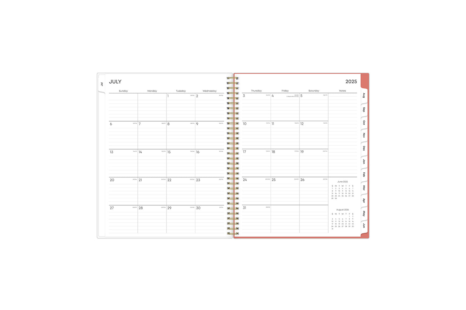 weekly monthly planner features a monthly spread with lined writing space, notes section, reference calendars and white monthly tabs with gold imprints