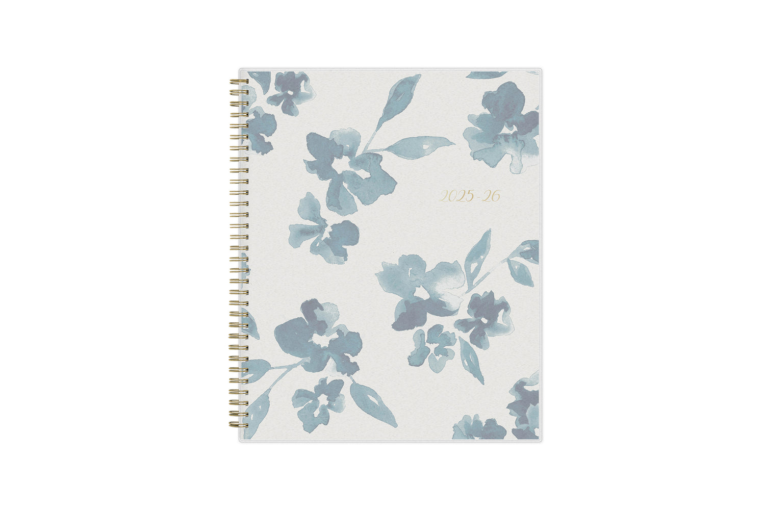 academic weekly monthly planner featuring a white background and blue paint brush florals, twin wire-o binding in a 8.5x11 planner size for the school year 2024-2025 year