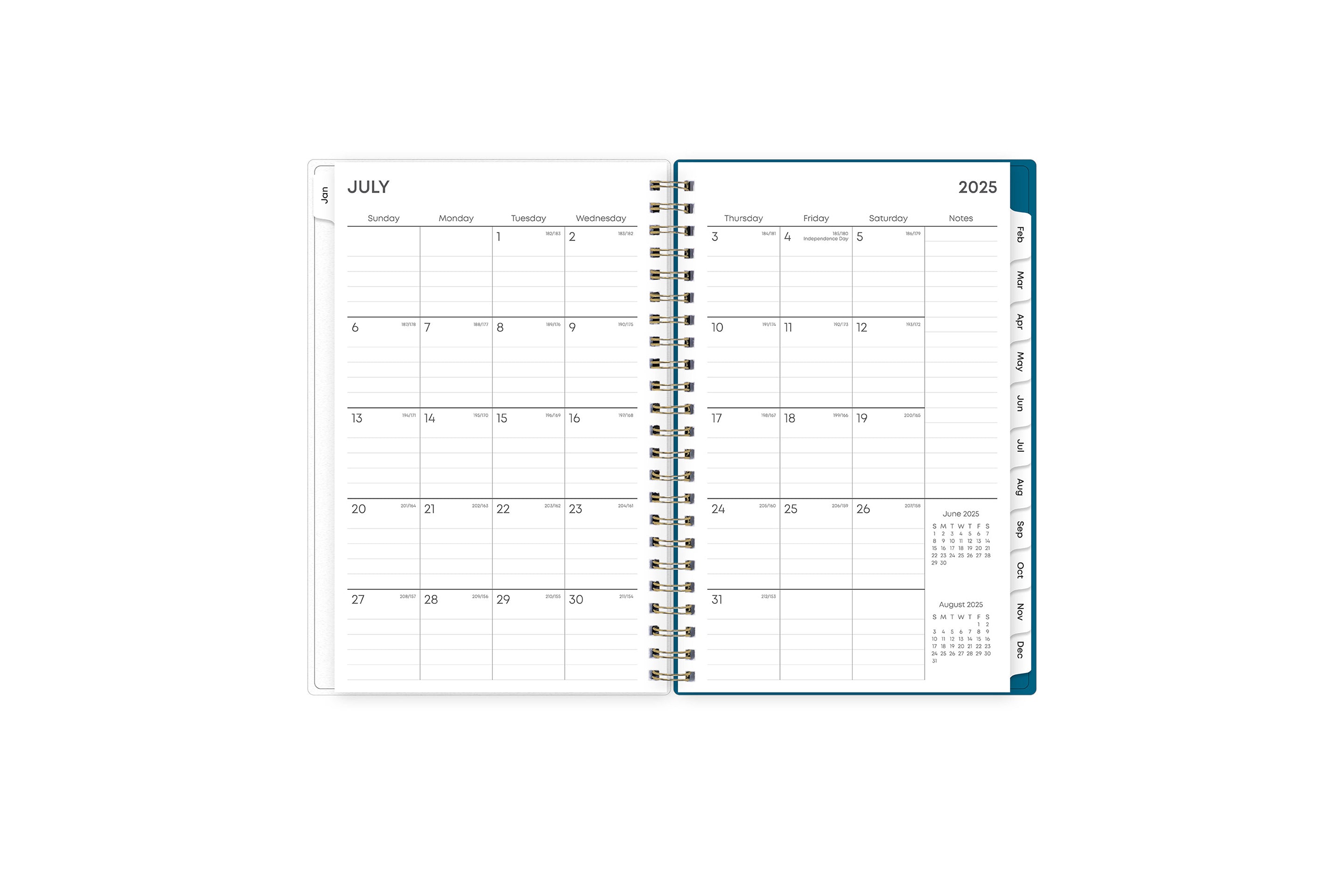 weekly monthly academic year planner featuring a monthly spread, lined writing space, notes section, reference calendars, and blue monthly tabs in 5x8 planner size