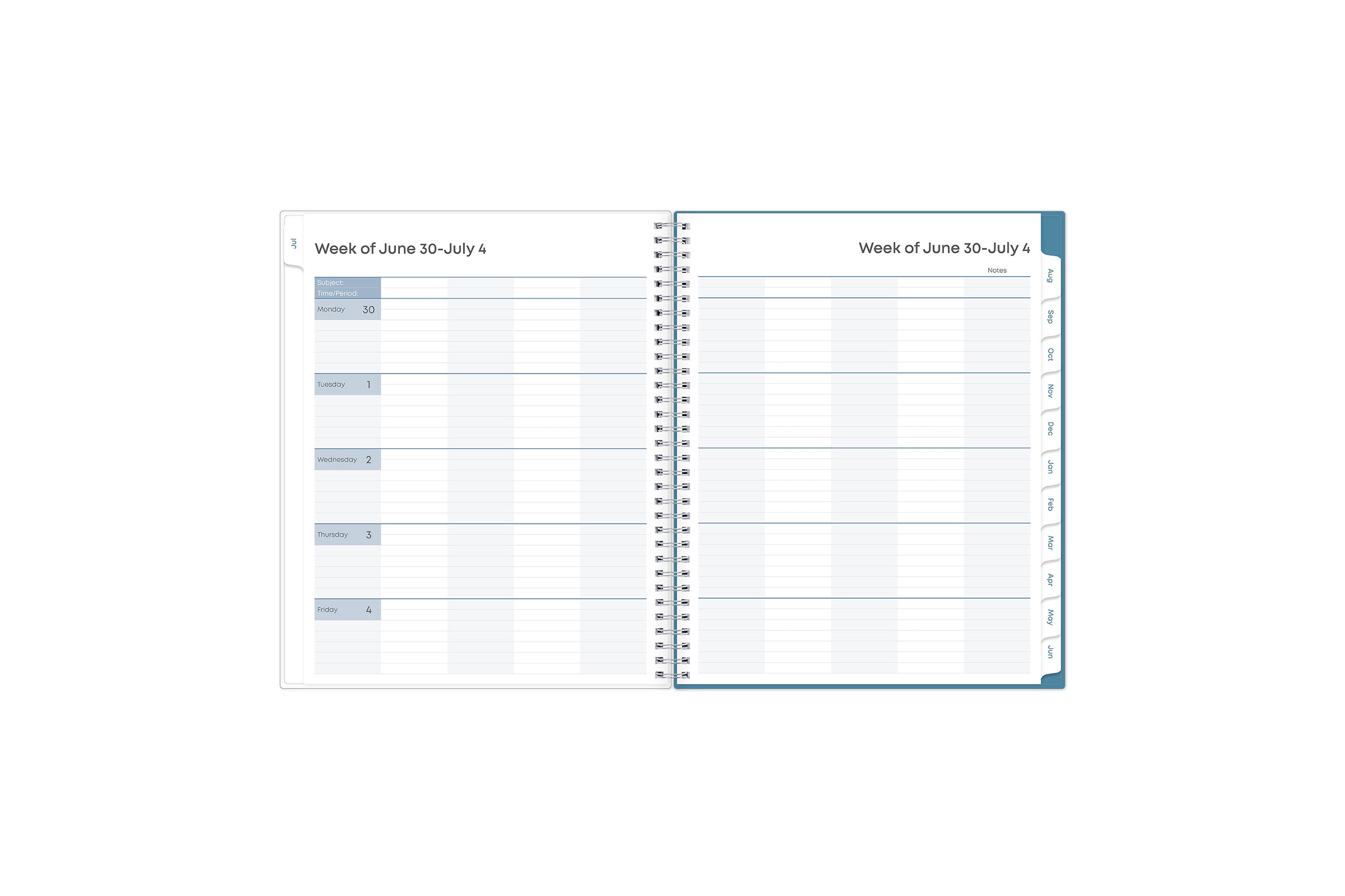 ample lined writing space and teacher lesson planner layout for each class or period, multi colored pattern for each day, and mint green monthly tabs for this weekly monthly lesson planner.