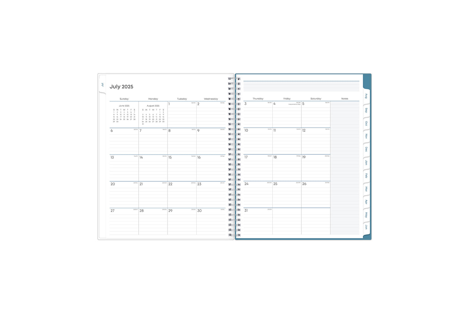 teacher lesson planner monthly view featuring ample lined writing space for projects, field trips, goals, deadlines, notes section, reference calendars and mint green monthly tabs in 8.5x11 size