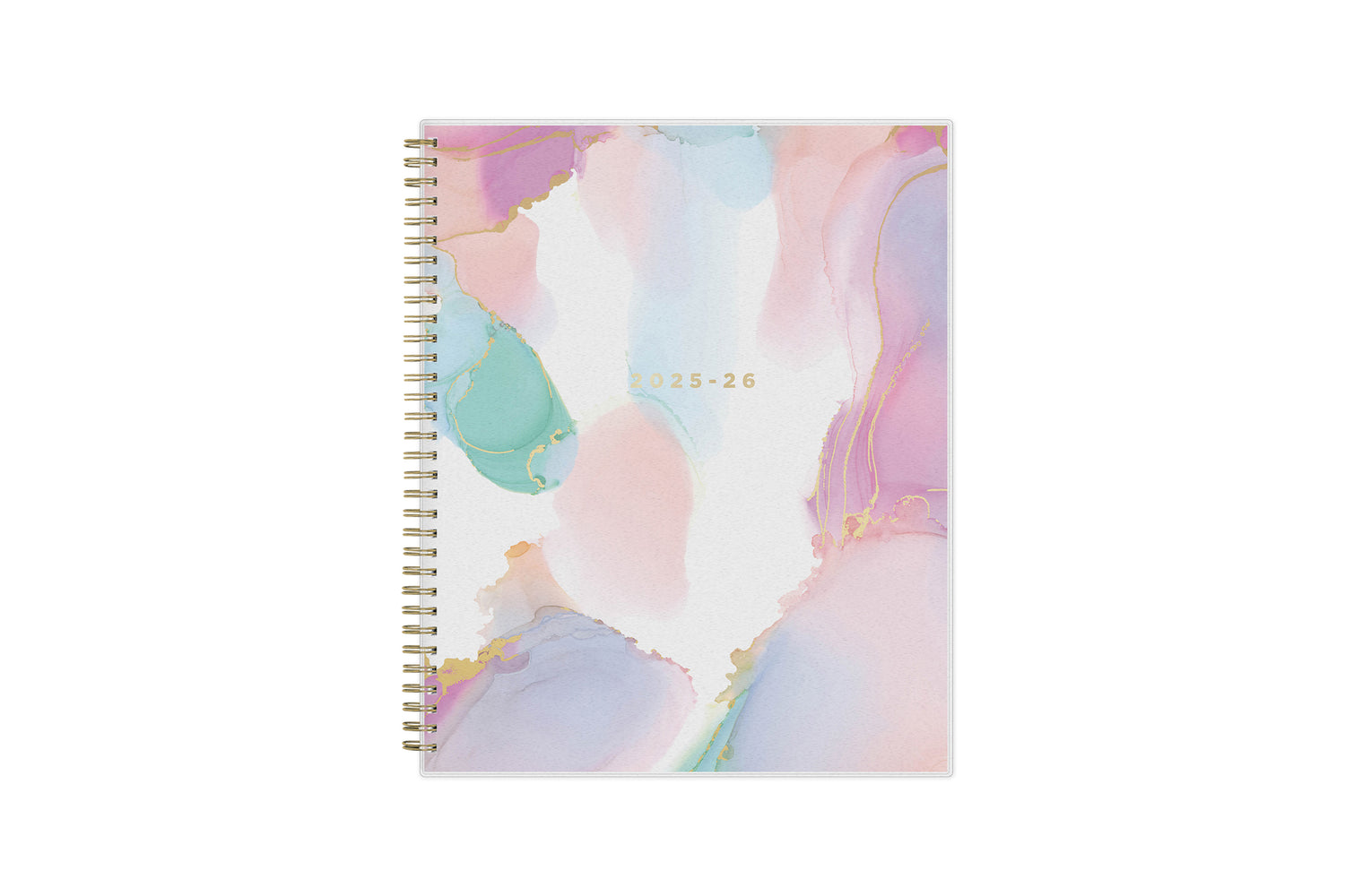 weekly monthly planner by Ashley g for blue sky featuring a marble like pattern front cover and gold twin wire-o binding in 8.5x11 size 2025-26 year