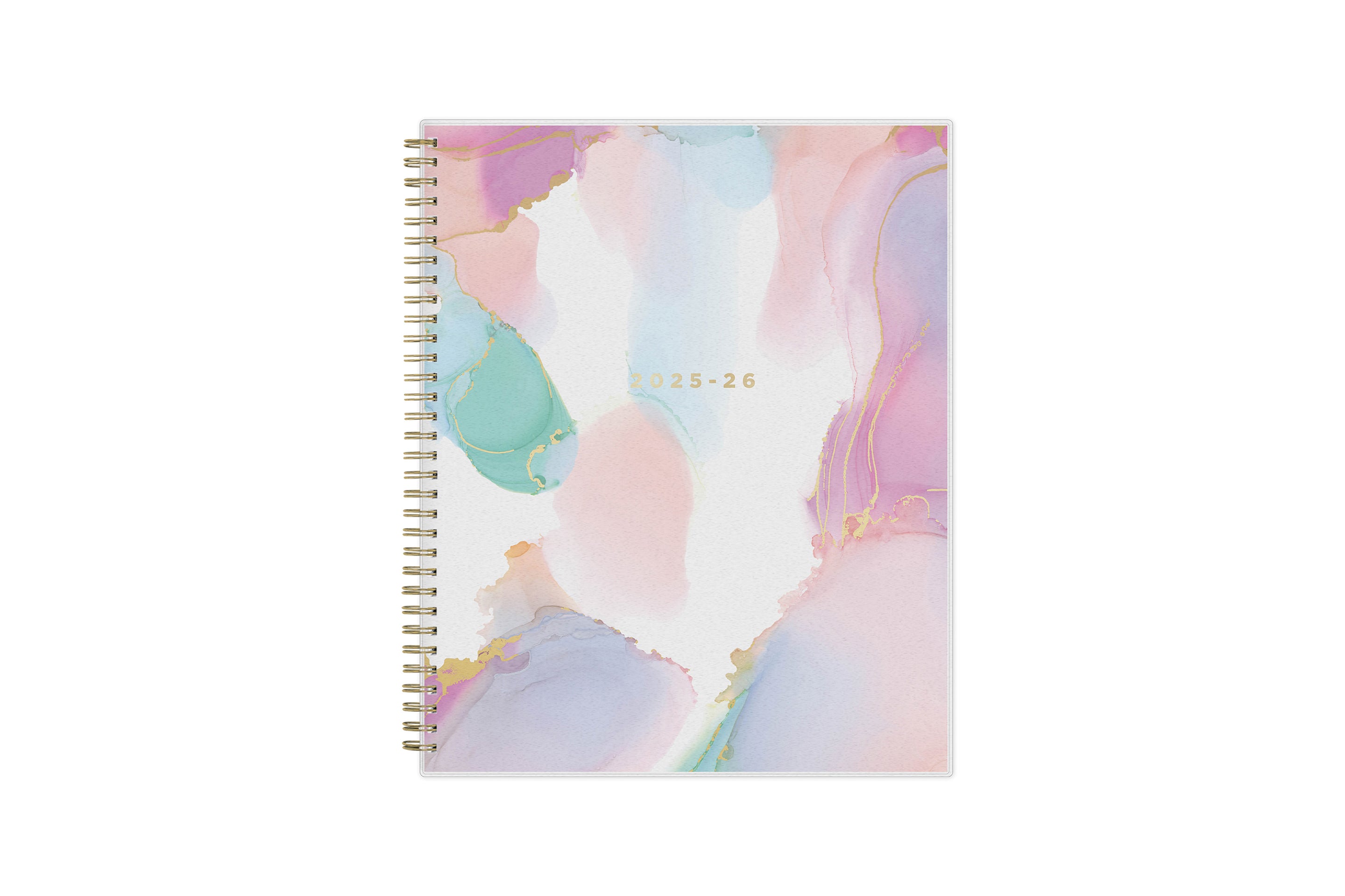 weekly monthly planner by Ashley g for blue sky featuring a marble like pattern front cover and gold twin wire-o binding in 8.5x11 size 2025-26 year