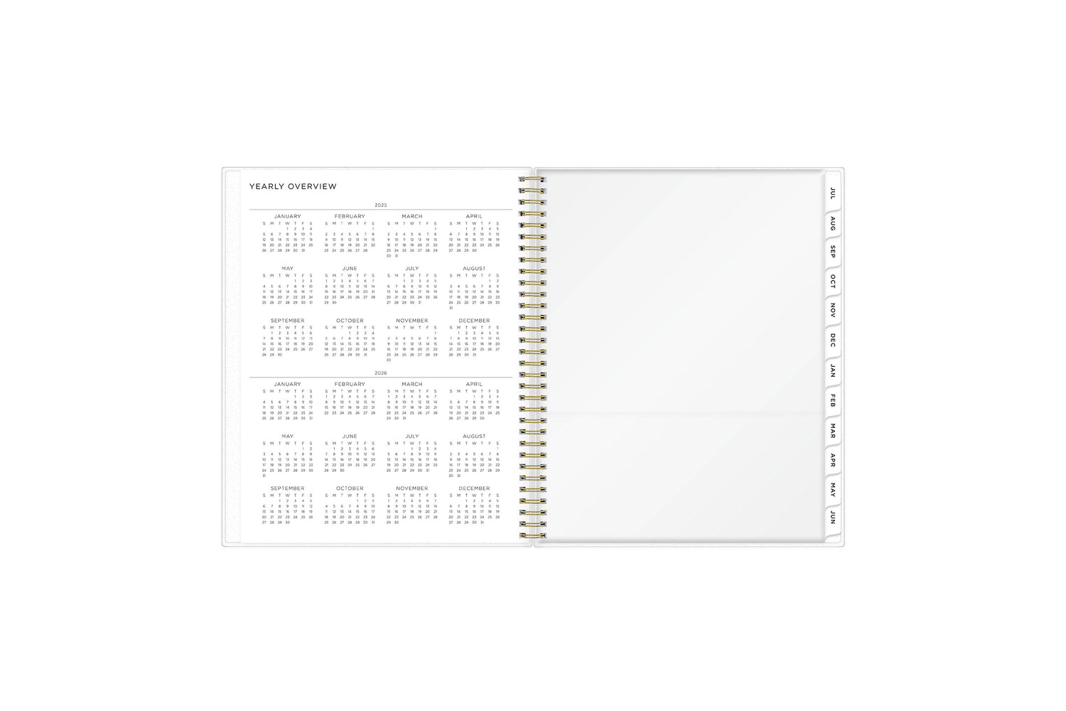 Storage pocket, reference calendar 2025 and 2026 overview, white monthly tabs