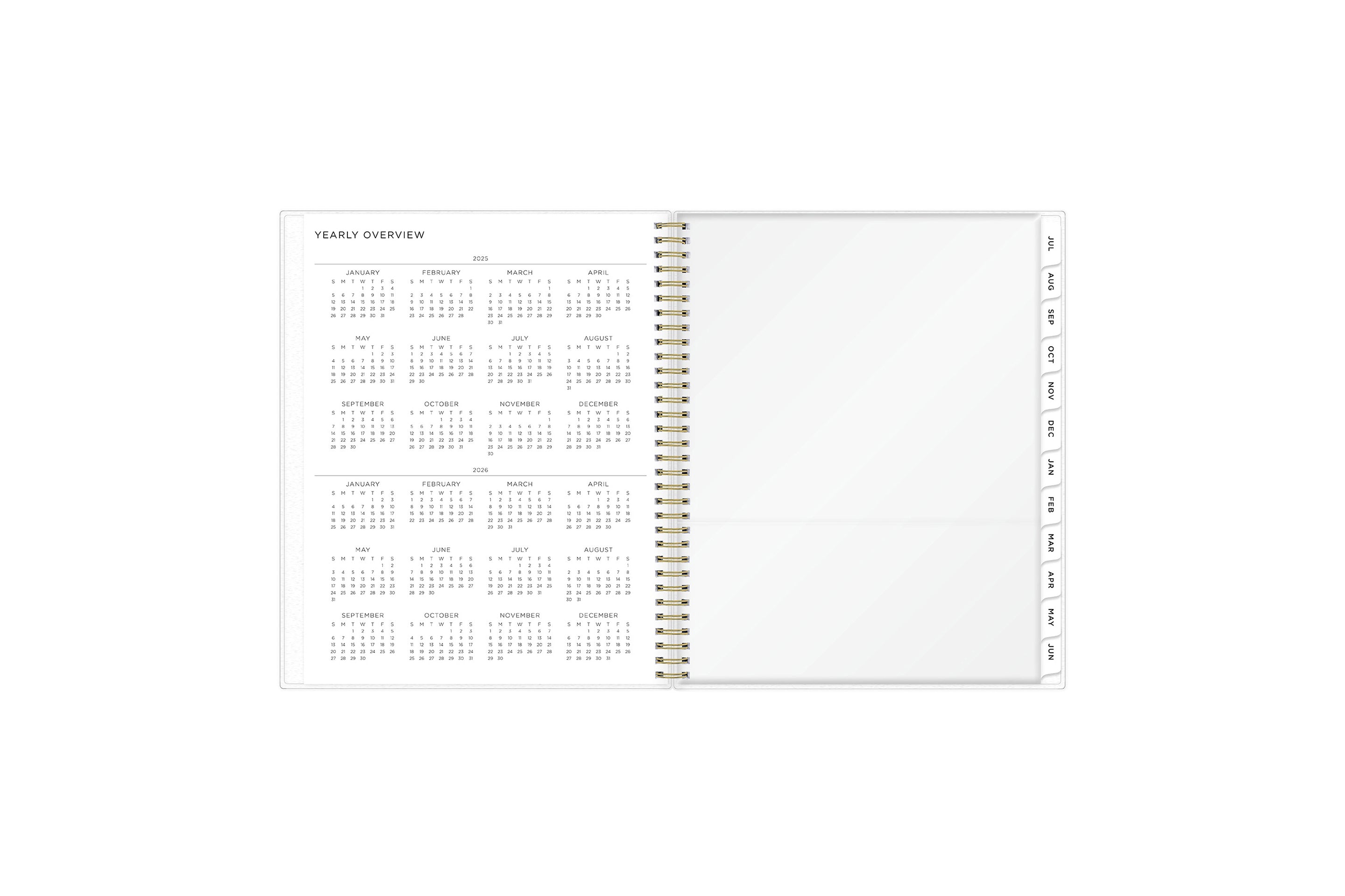 Storage pocket, reference calendar 2025 and 2026 overview, white monthly tabs