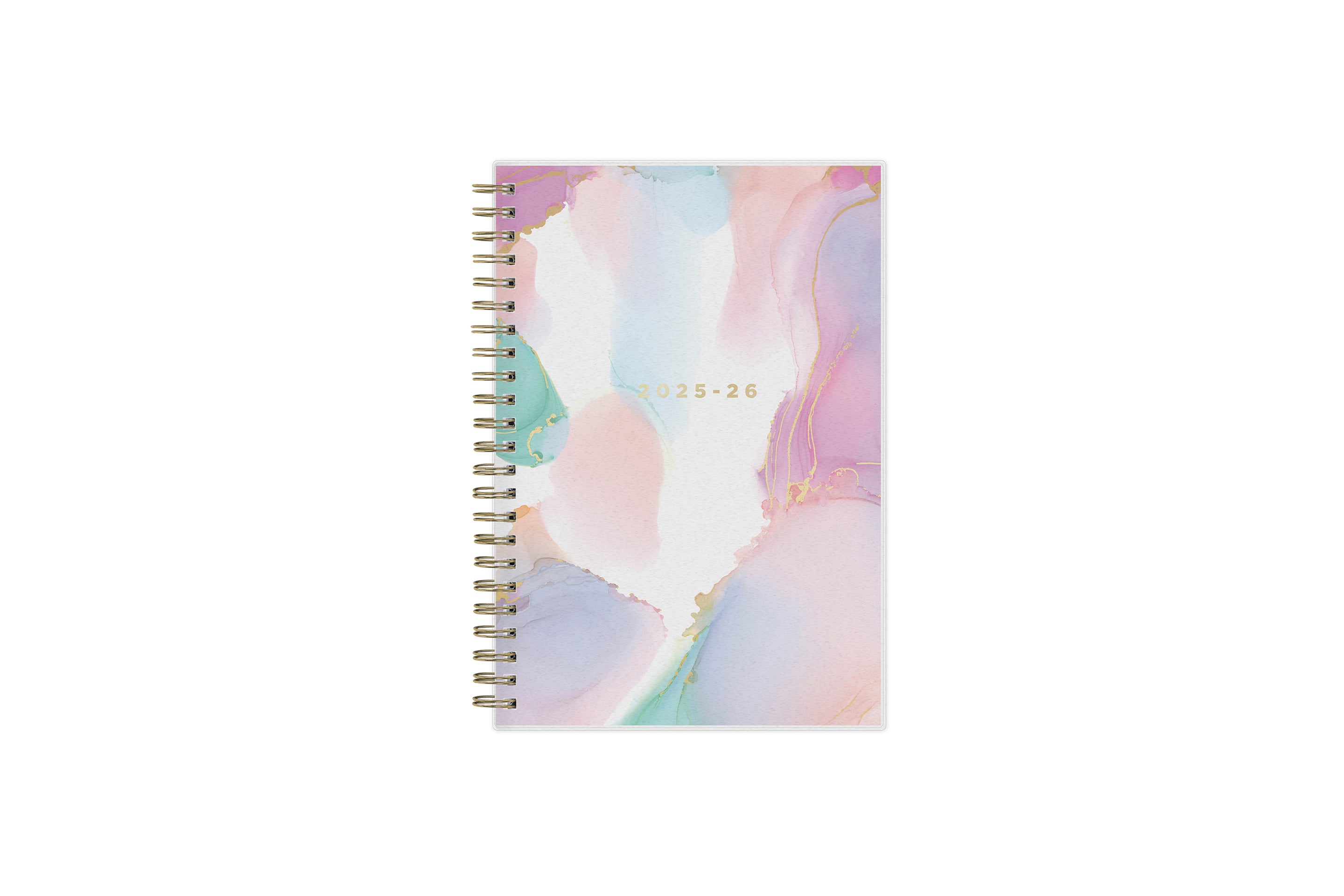 weekly monthly planner by Ashley g for blue sky featuring a marble like pattern front cover and gold twin wire-o binding in 5x8 size 2025-2026 year