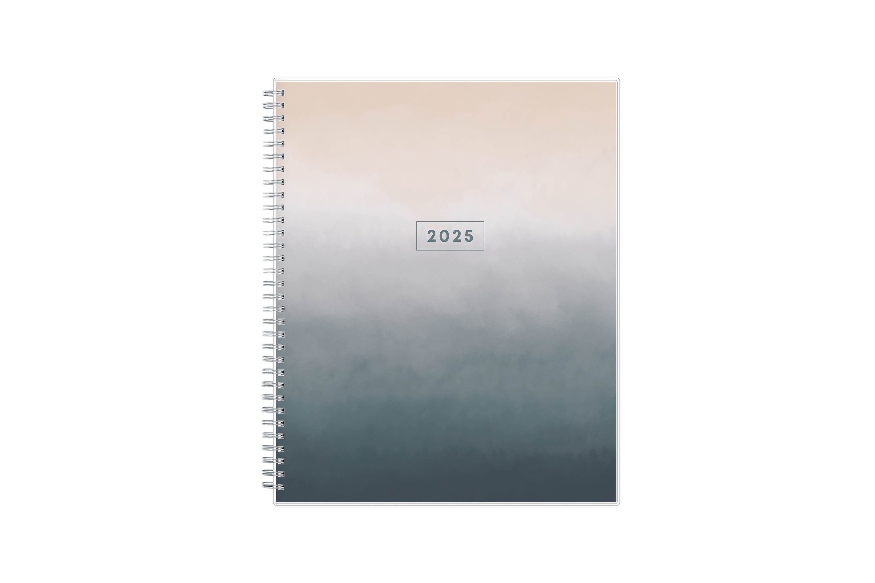 January 2025 to December 2025 weekly monthly planner in 8.5x11 size for blue sky with grey background and ombre cloud front cover, silver twin wire-o binding