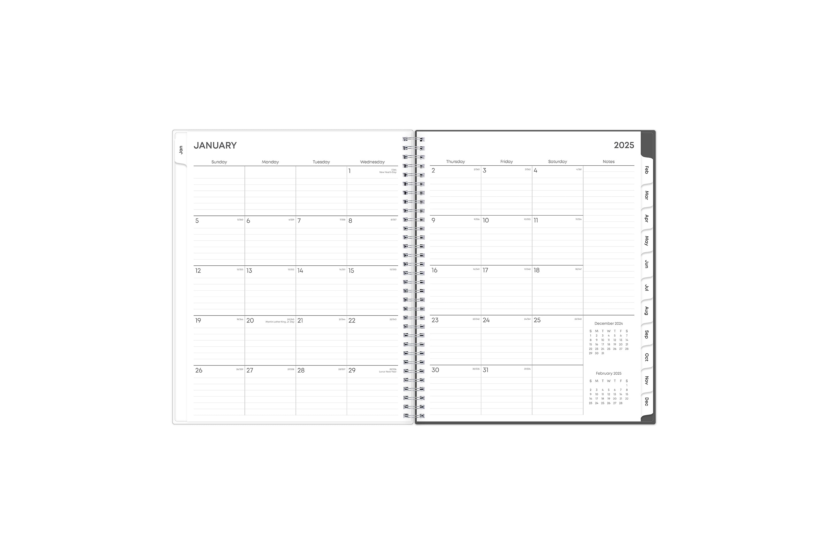 January 2025 - December 2025 weekly monthly planner featuring a monthly spread boxes for each day, lined writing space, notes section, reference calendars, and mint monthly tabs in 8.5x11 size