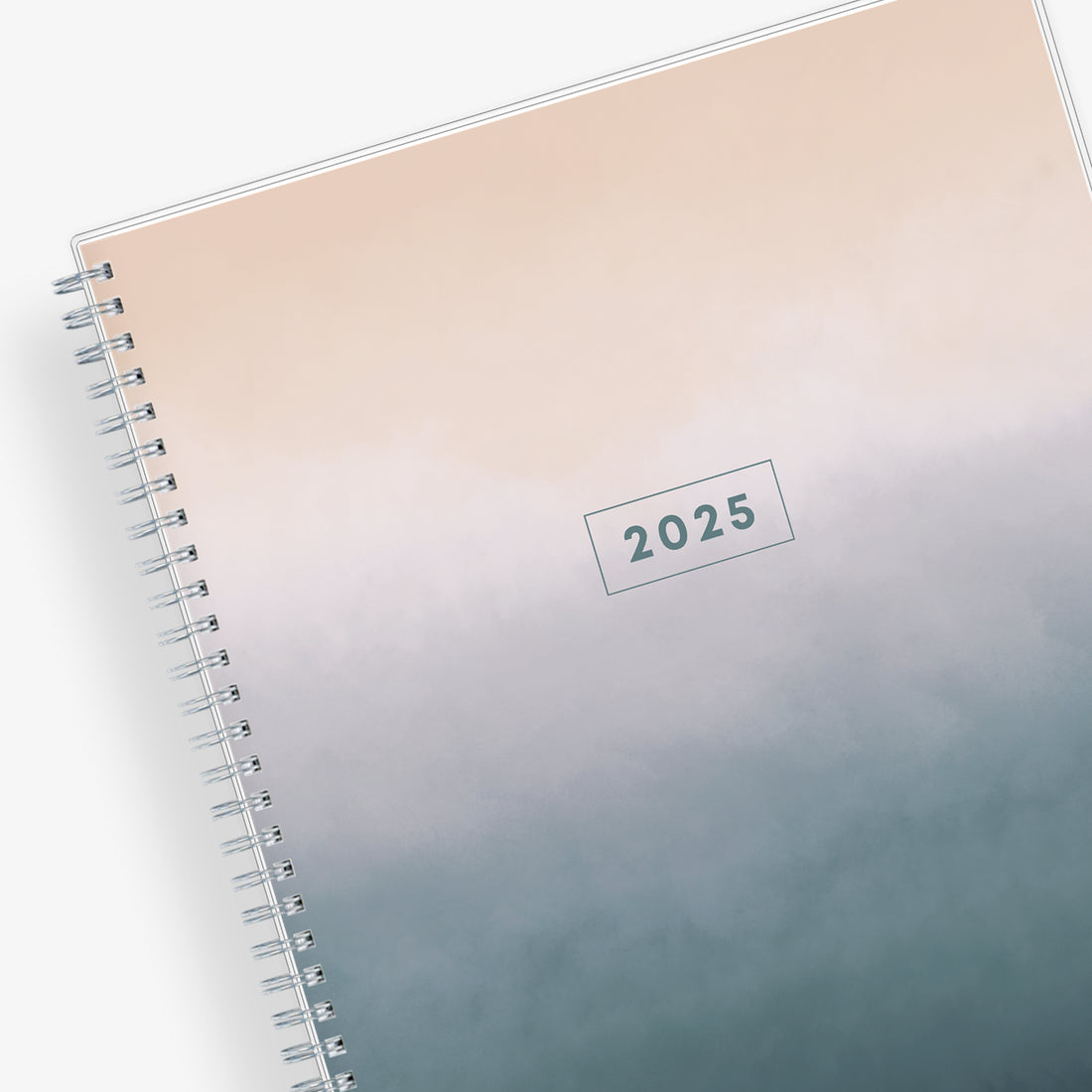 January 2025 to December 2025 weekly monthly planner in 8.5x11 size for blue sky with grey background and ombre cloud front cover, silver twin wire-o binding