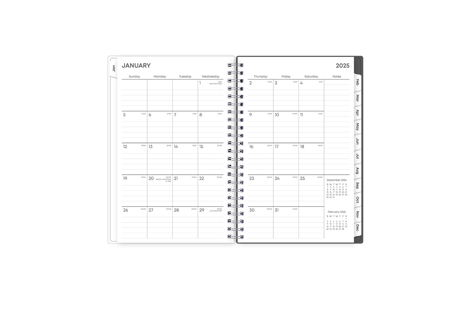 January 2025 - December 2025 weekly monthly planner featuring a monthly spread boxes for each day, lined writing space, notes section, reference calendars, and mint monthly tabs in 5x8 size