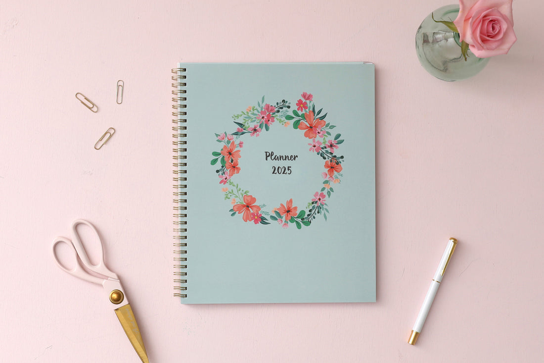 January 2025 to December 2025 weekly monthly planner in 8.5x11 size from day designer for blue sky with mint background and floral pattern, and gold twin wire-o binding