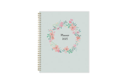 January 2025 to December 2025 weekly monthly planner in 8.5x11 size from day designer for blue sky with mint background and floral pattern, and gold twin wire-o binding