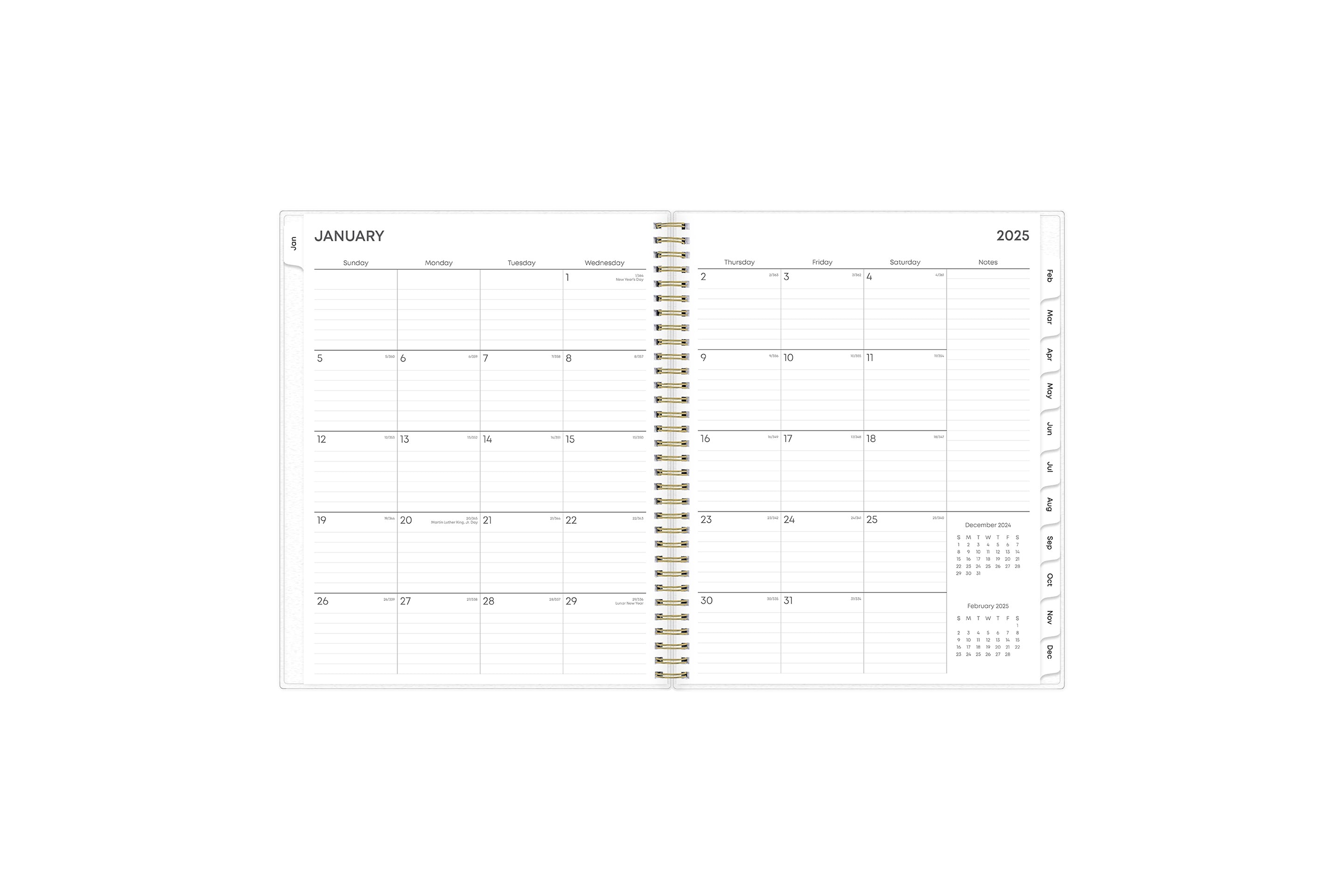 January 2025 - December 2025 weekly monthly planner featuring a monthly spread boxes for each day, lined writing space, notes section, reference calendars, and mint monthly tabs in 8.5x11 size