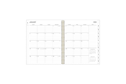 January 2025 - December 2025 weekly monthly planner featuring a monthly spread boxes for each day, lined writing space, notes section, reference calendars, and mint monthly tabs in 8.5x11 size