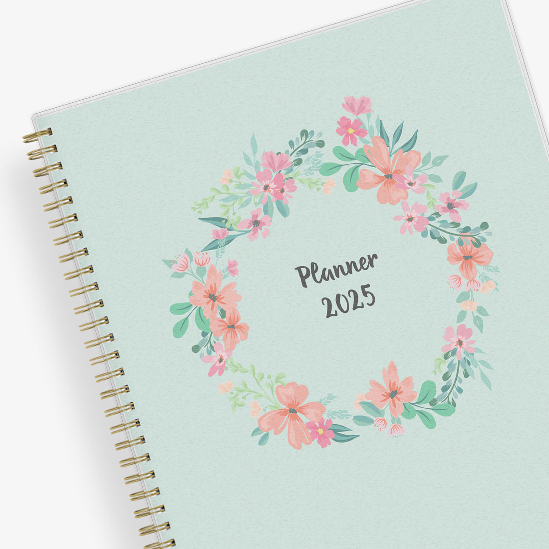 January 2025 to December 2025 weekly monthly planner in 8.5x11 size from day designer for blue sky with mint background and floral pattern, and gold twin wire-o binding
