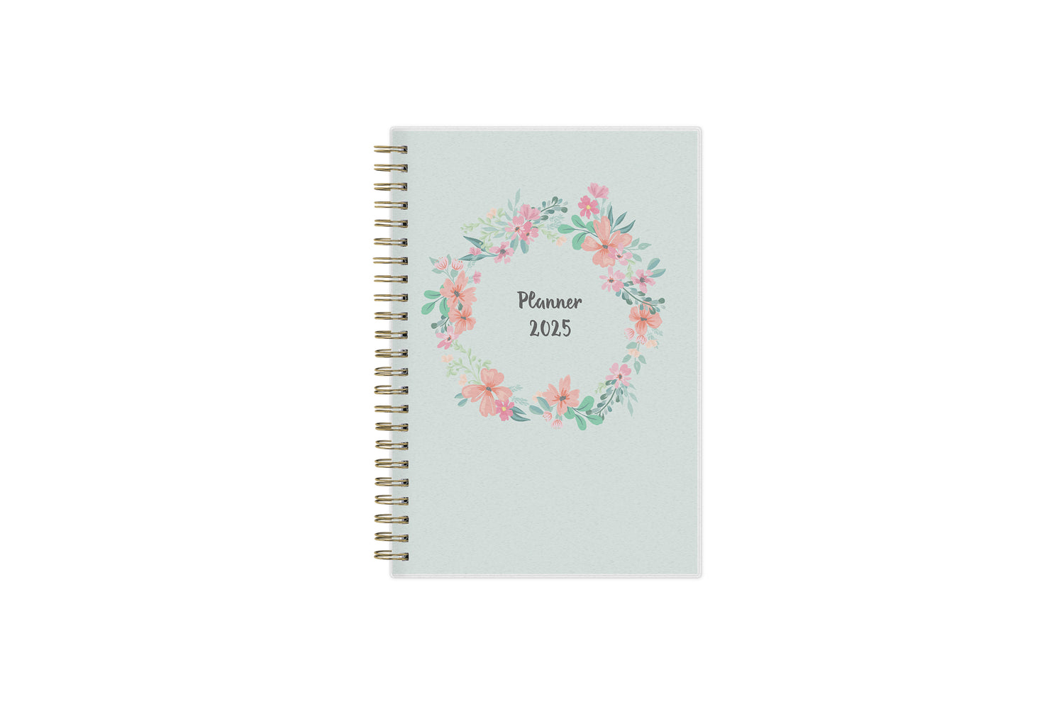 January 2025 to December 2025 weekly monthly planner in 5x8 size from day designer for blue sky with mint background and floral pattern, and gold twin wire-o binding