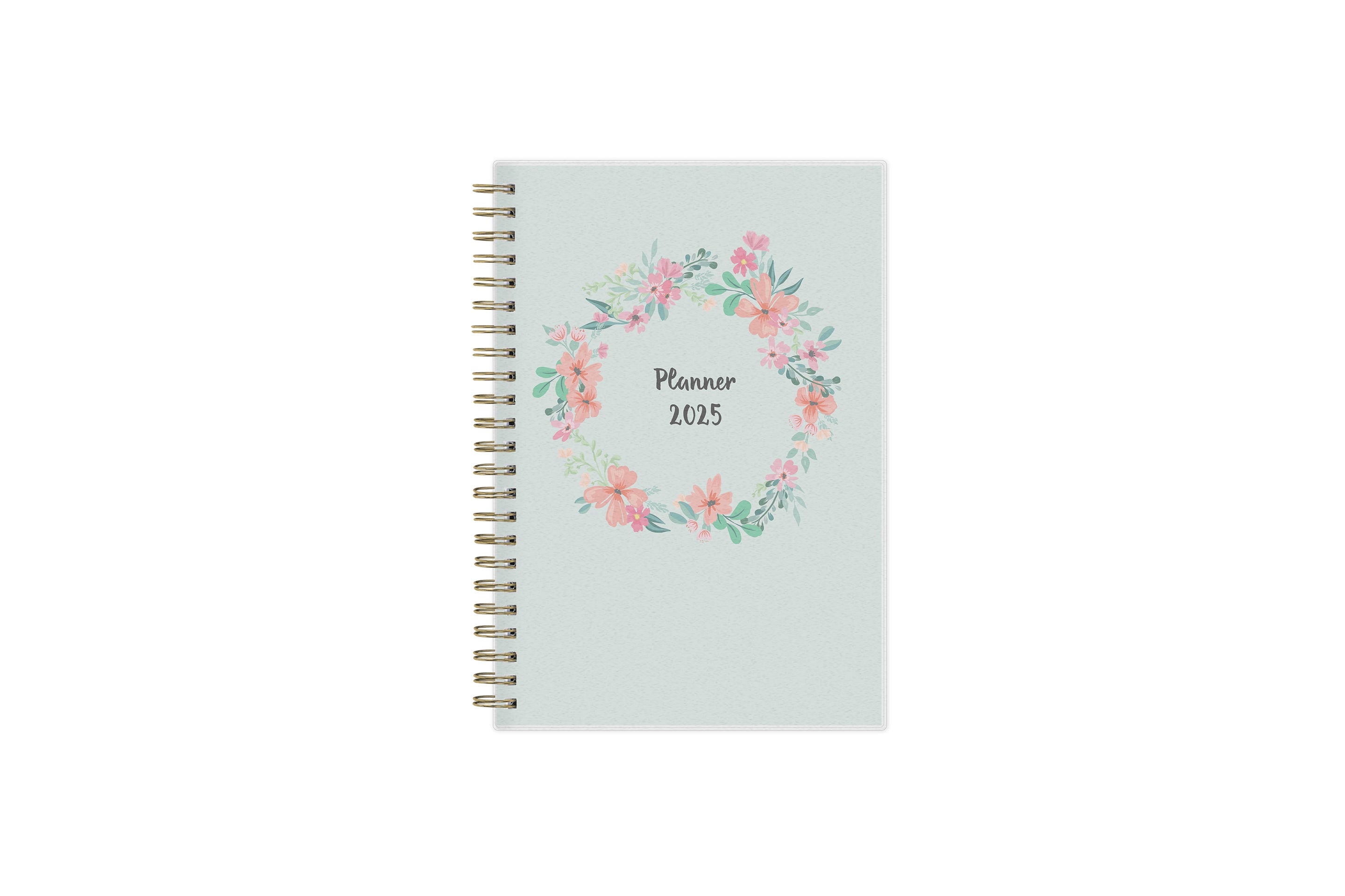 January 2025 to December 2025 weekly monthly planner in 5x8 size from day designer for blue sky with mint background and floral pattern, and gold twin wire-o binding