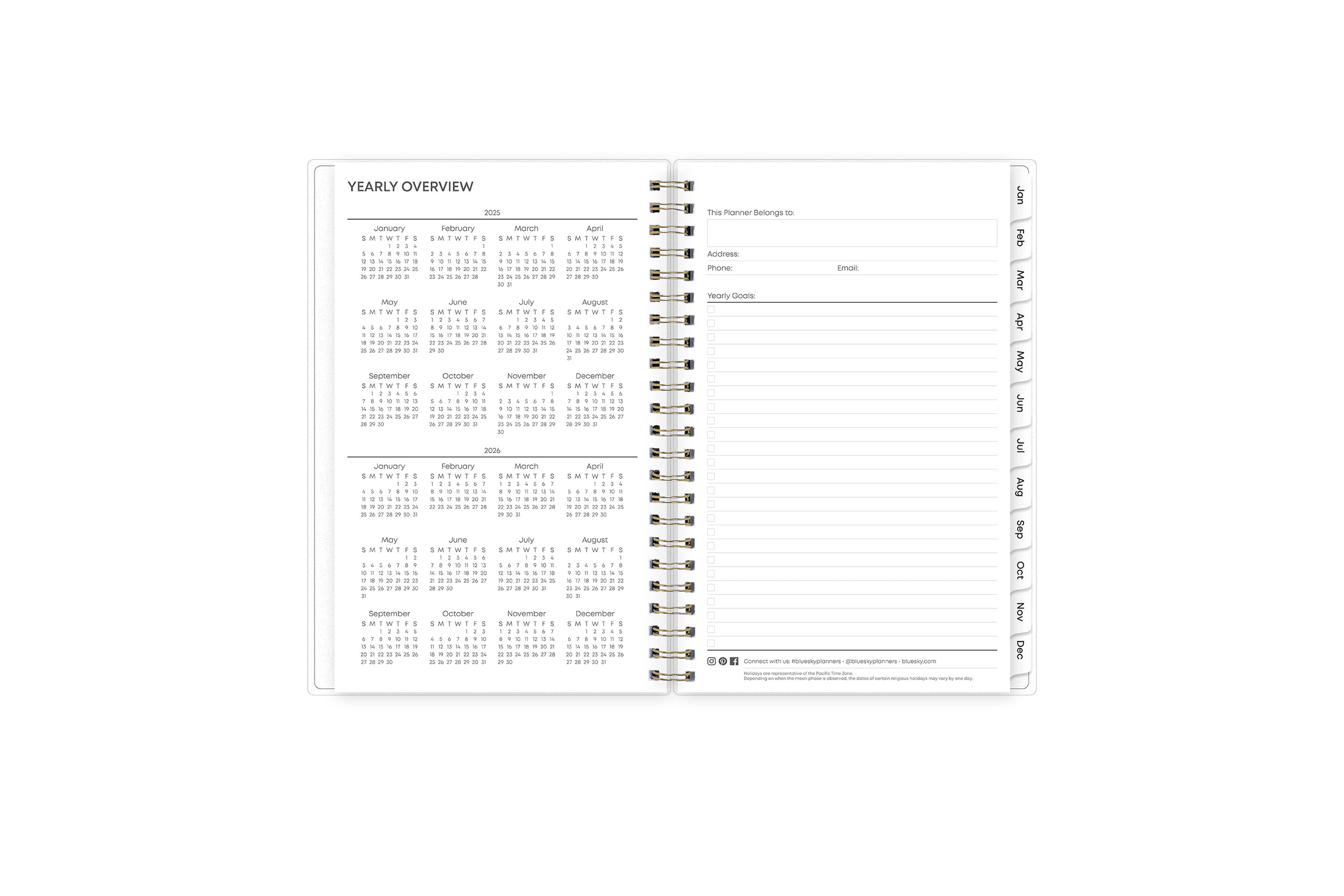 5x8 2025 weekly monthly planner features a yearly overview of 2023 and 2023 with contact page for owner of planner and bulleted yearly goals and accomplishments with mint monthly tabs