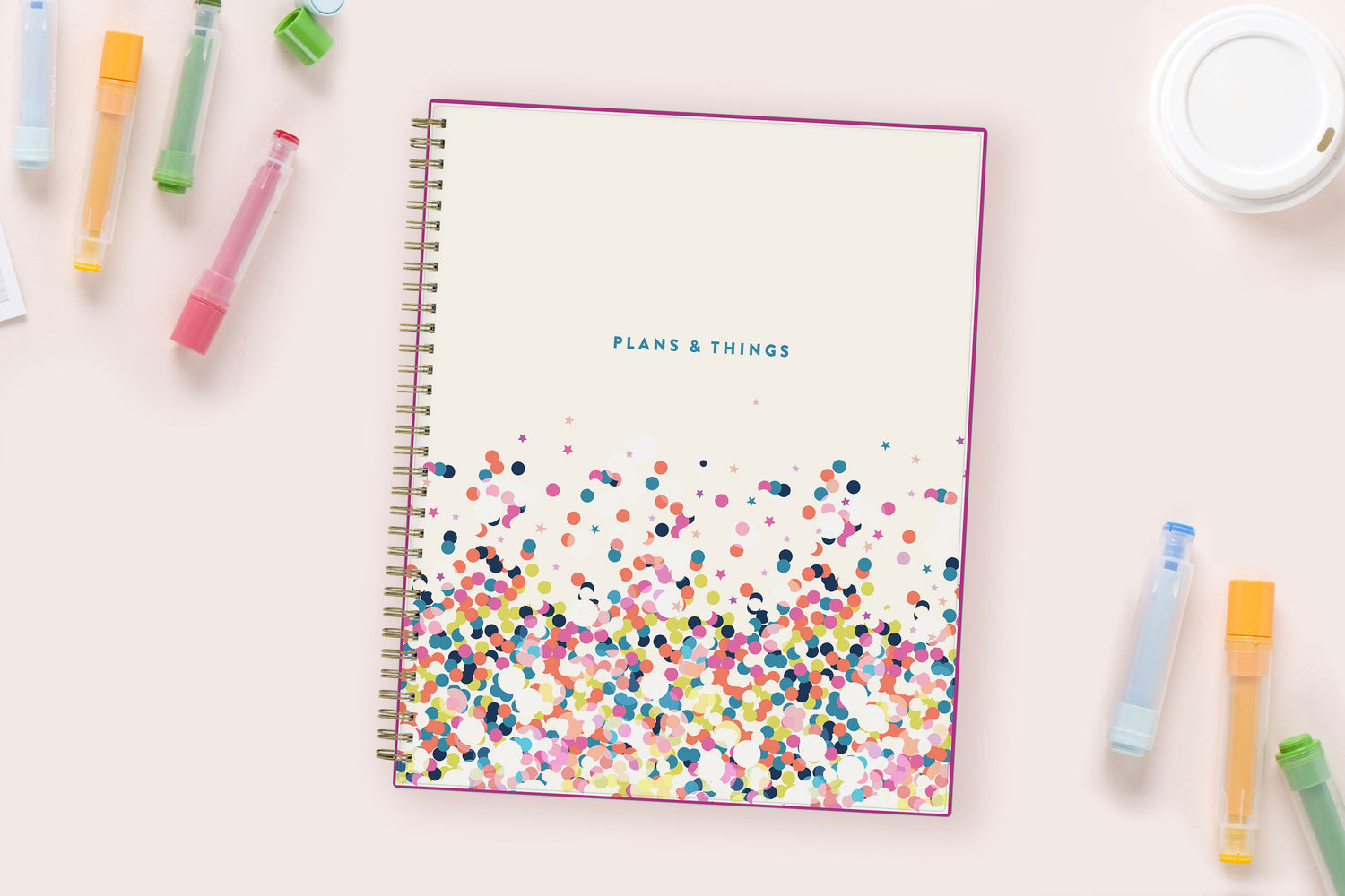 academic student planner featuring a confetti inspired front cover in 8.5x11 size, Titled &quot;Plans &amp; Things&quot;