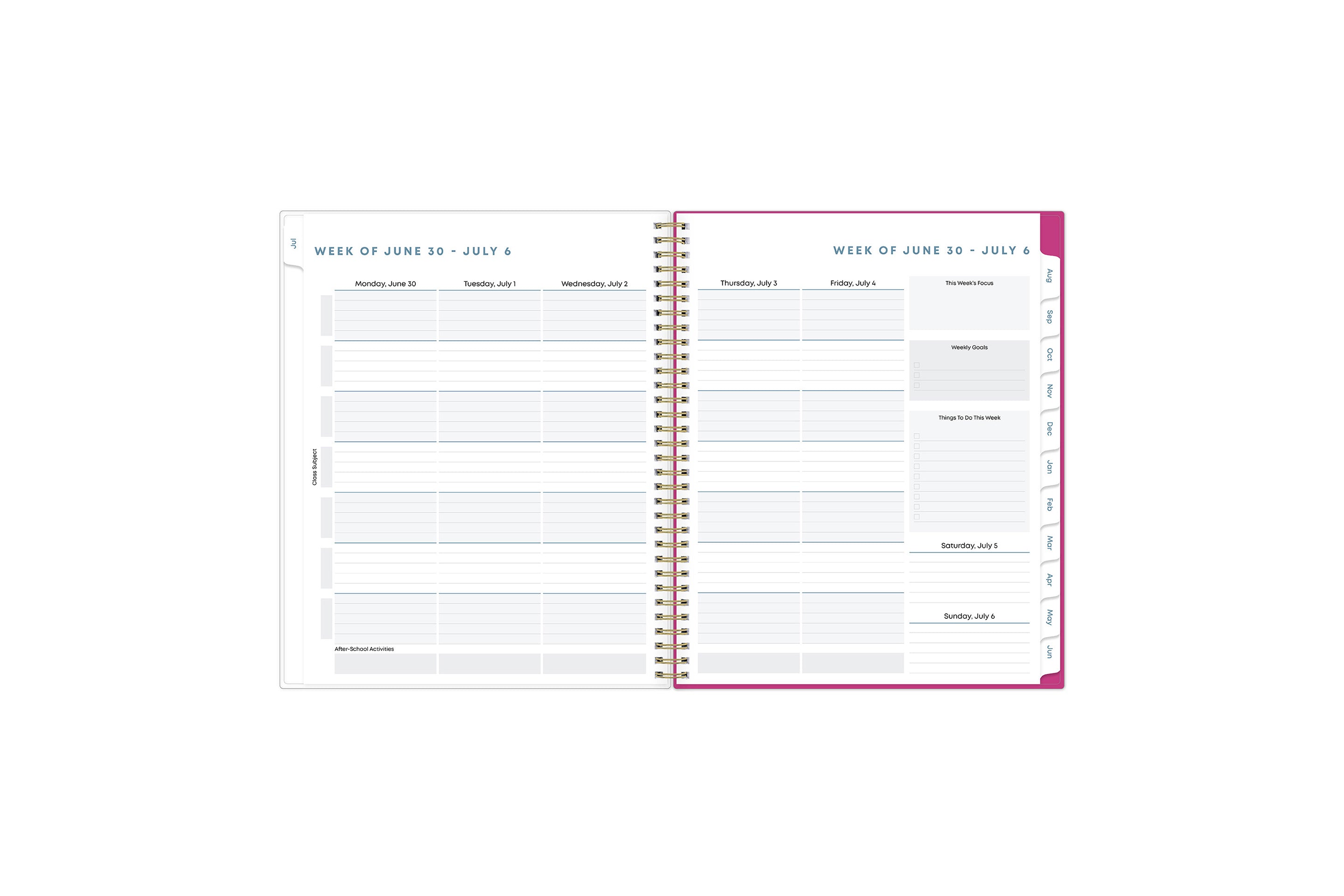 student planner features a weekly spread with an optimized layout for each class and sections for note-taking, projects, and assignments