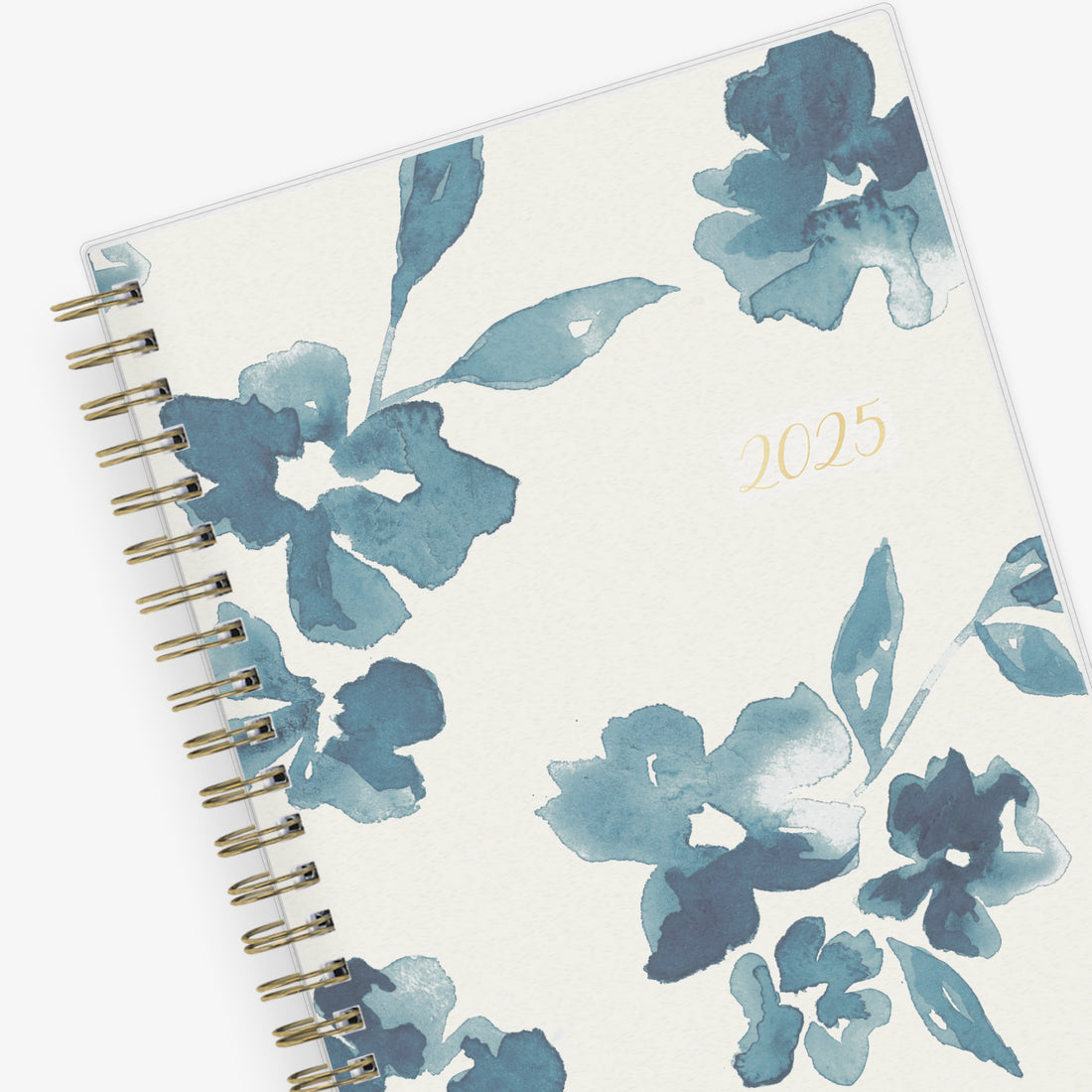 blue sky weekly monthly 2025 planner featuring blue water brushed florals and beige background cover