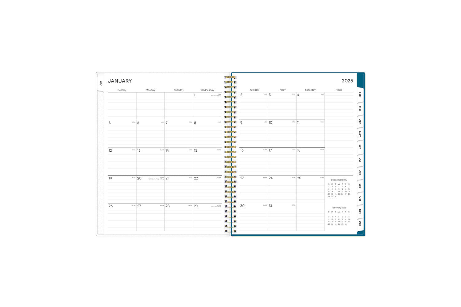 2025 weekly monthly planner featuring a monthly view with lined writing space for each date, reference calendars, and light blue monthly tabs