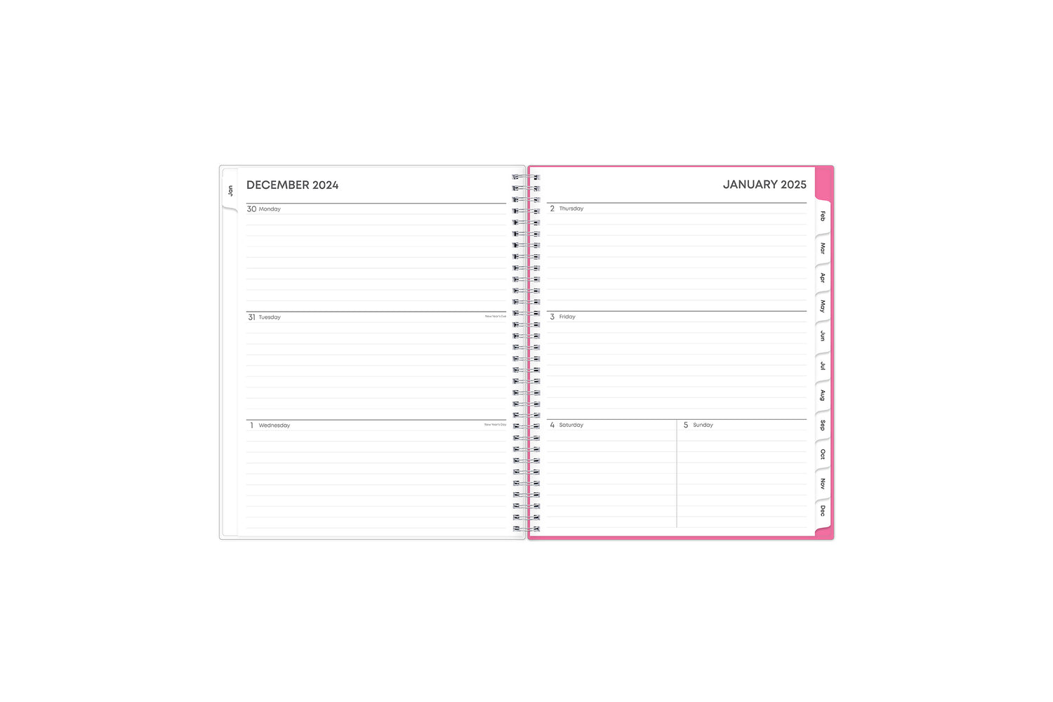 January 2025 to December 2025 weekly monthly planner featuring ample lined writing space, weekly to do list, notes section, and with teal monthly tabs 8.5x11